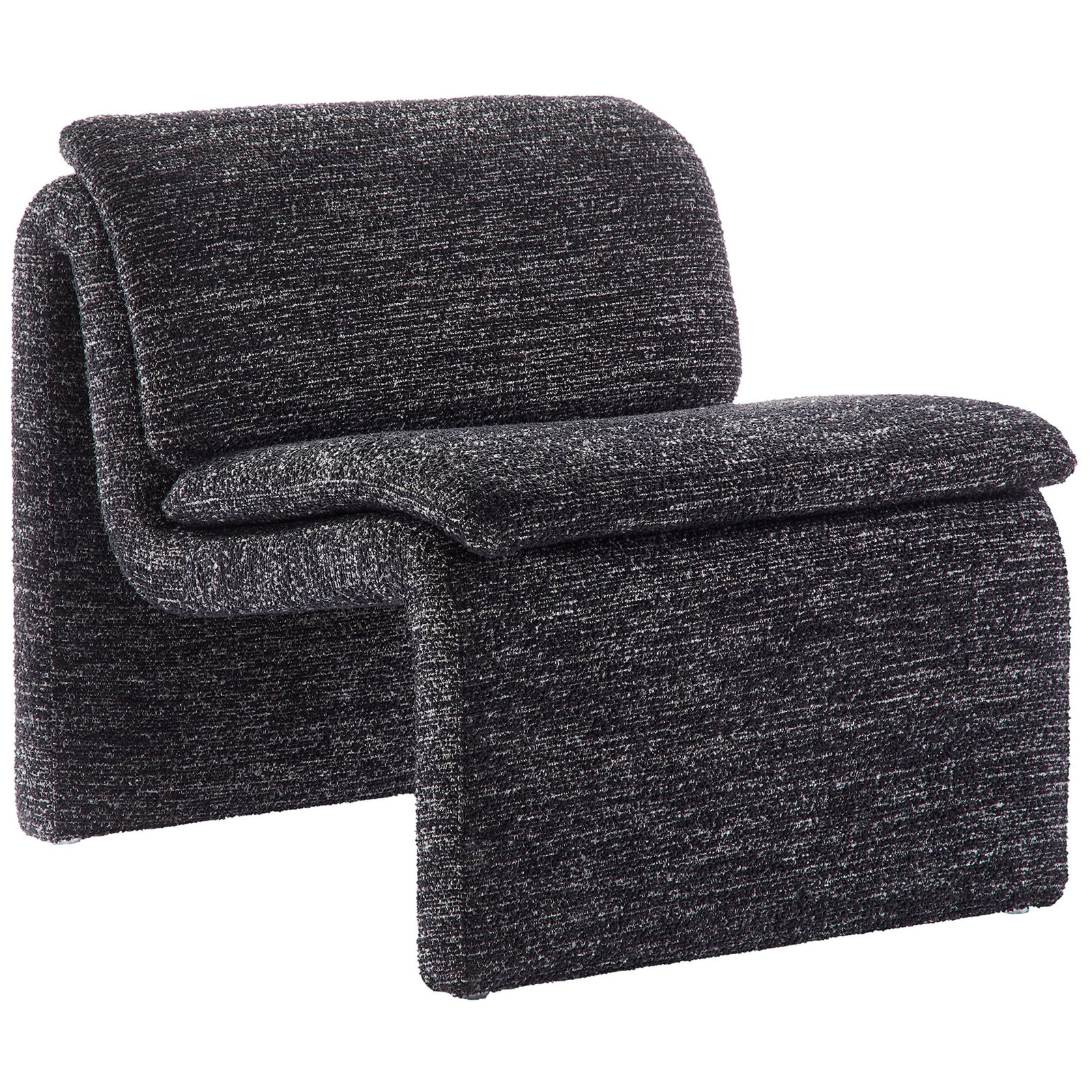 Seamlessly curved lounge chair in soft charcoal boucle with supportive cushioning and modern poise. || EEI-7103-CHA || front_angle_studio