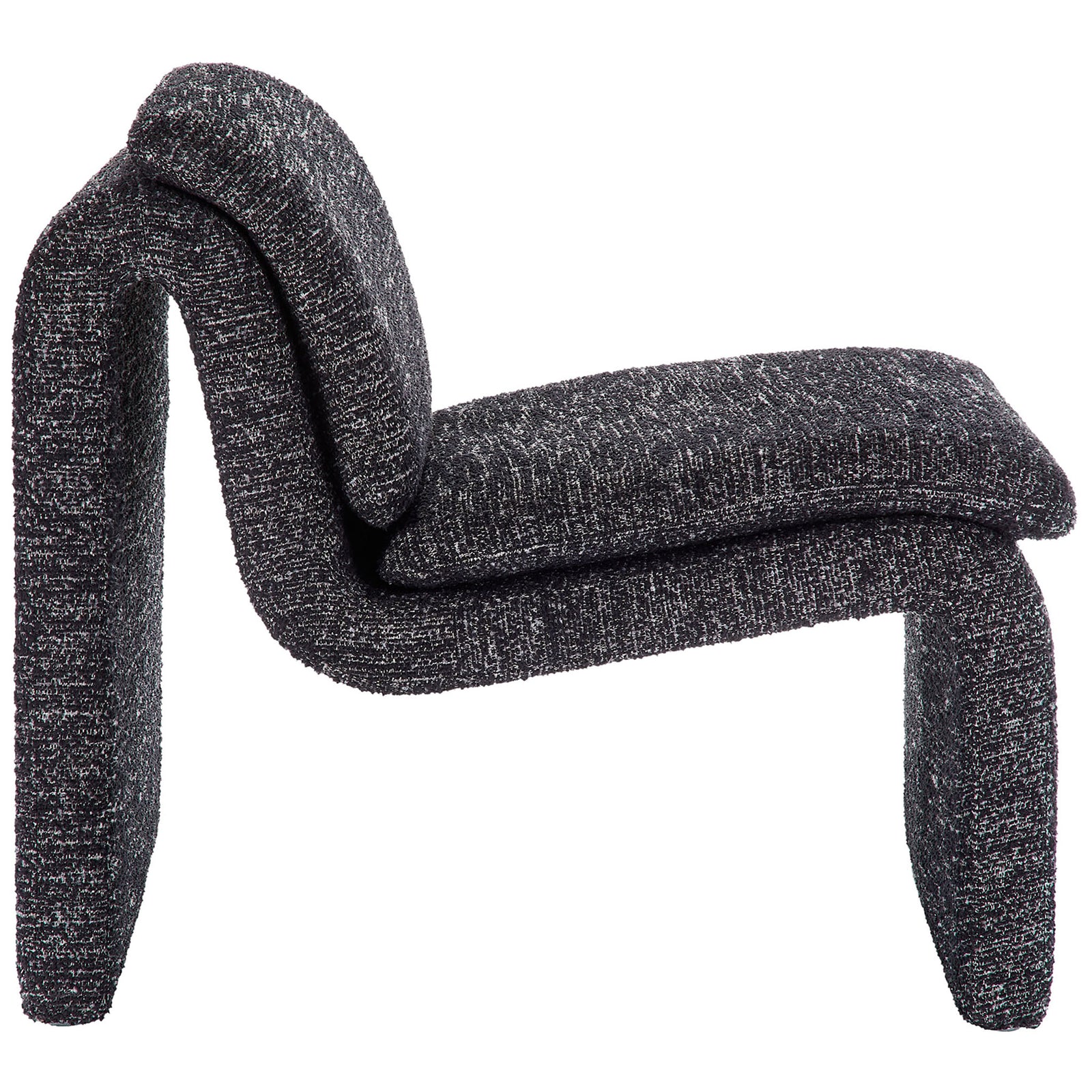 Undulating profile showcases the continuous curve from back to base, wrapped in textured charcoal boucle. || EEI-7103-CHA || side_studio