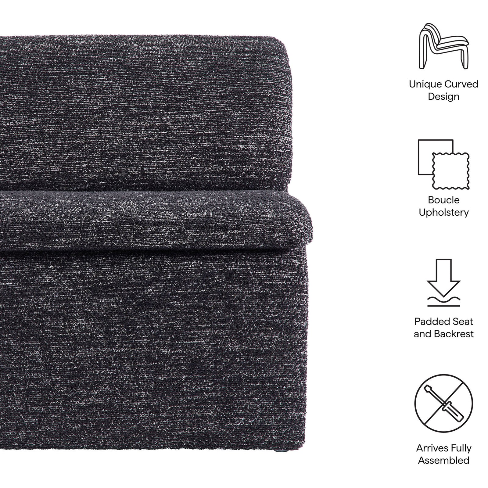 Modern curved accent chair features plush boucle upholstery and a comfortably contoured seat. || EEI-7103-CHA || callout_studio