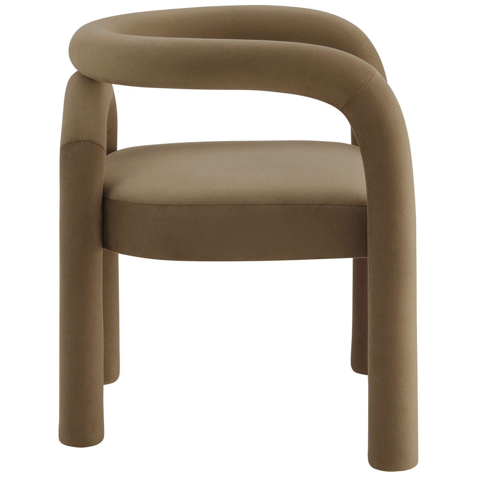 Camel performance velvet dining chair with arching barrel back and generously cushioned seat || EEI-7104-CAM || front_studio