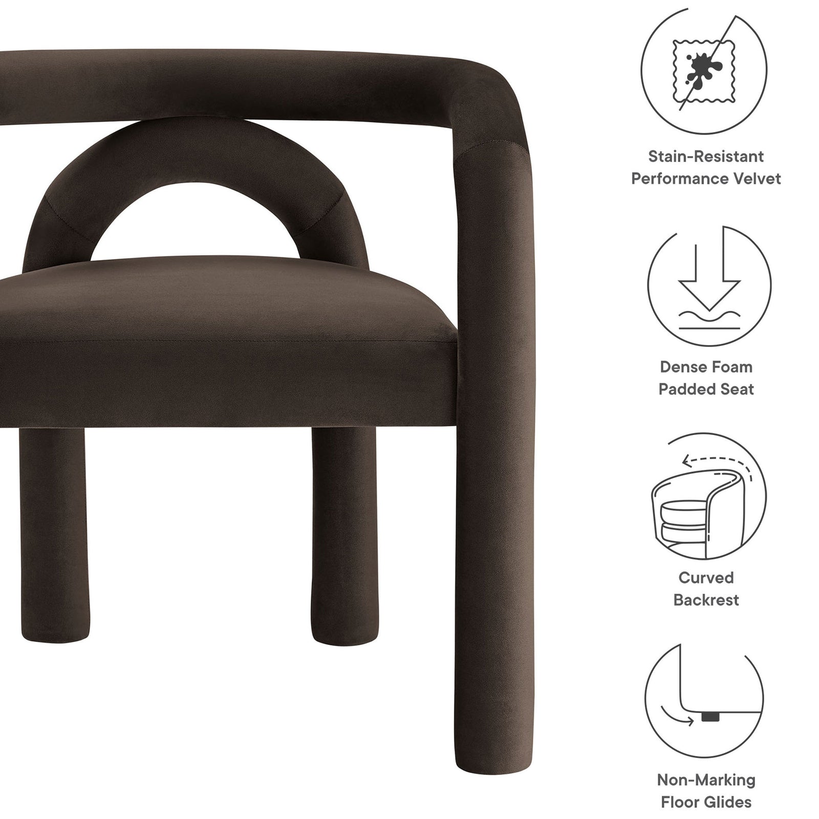 Cocoa velvet dining chair alongside icons highlighting stain resistant velvet and plush cushioned comfort || EEI-7104-COA || callout_studio