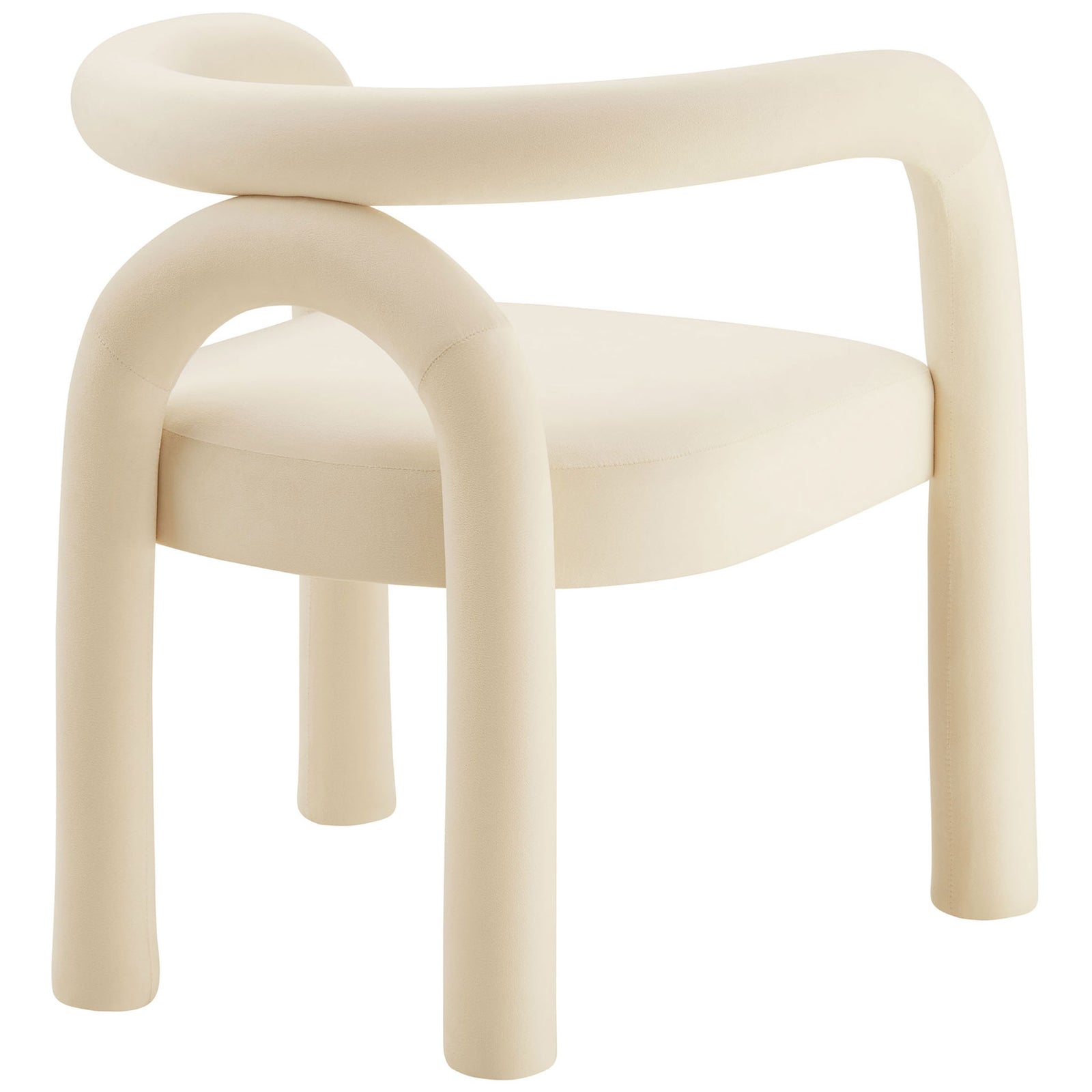 Angled back view of modern arch-back porcelain velvet dining chair with curved wraparound frame || EEI-7104-POR || back_angle_studio