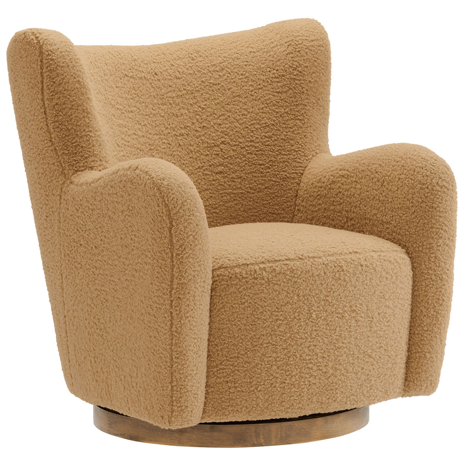 Cozy wingback design in camel teddy sherpa, featuring rounded arms atop a warm walnut wood base || EEI-7105-CAM-WAL || front_angle_studio