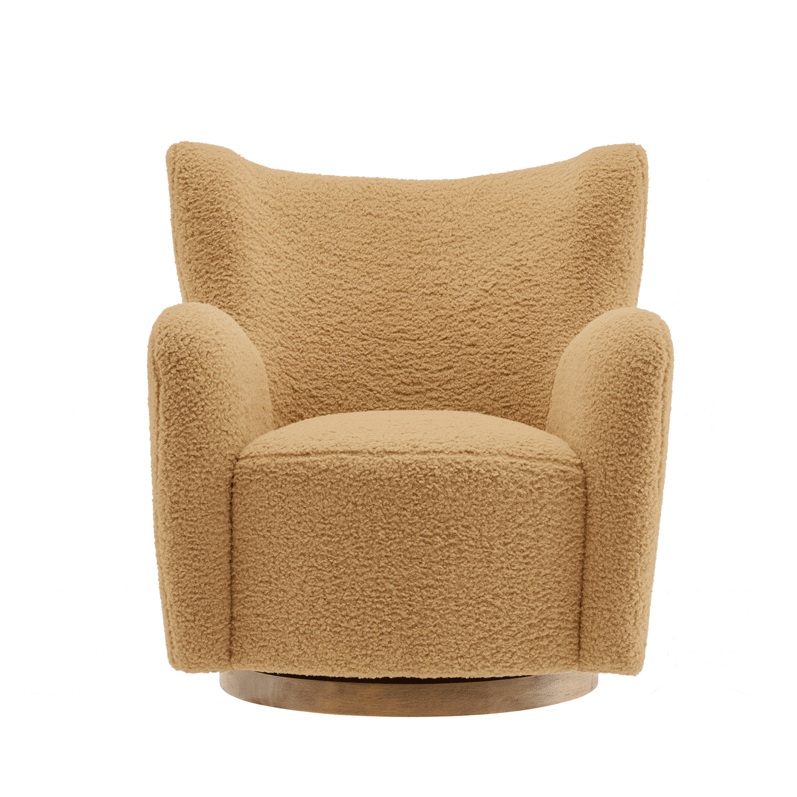 Barrel silhouette in soft teddy sherpa with supportive seat and a 360-degree wooden swivel base || EEI-7105-CAM-WAL || front_studio