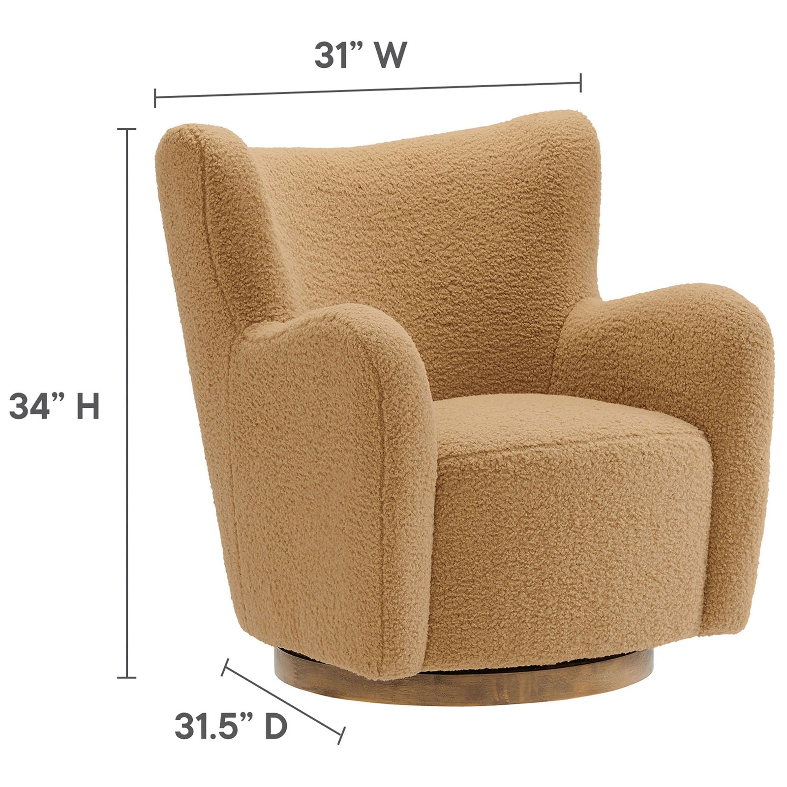 Compact swivel accent chair sized for easy placement without sacrificing comfort or style || EEI-7105-CAM-WAL || dimension_studio