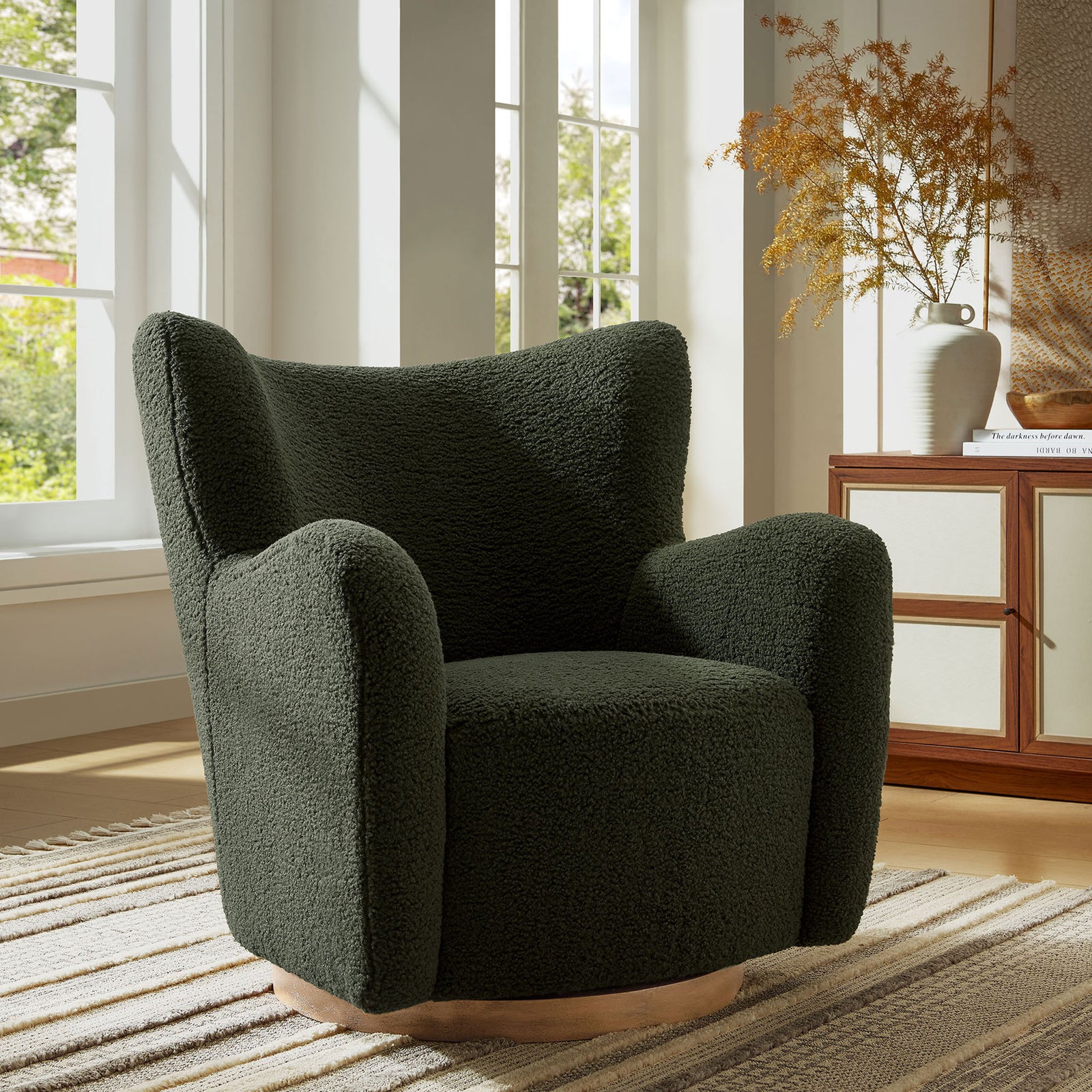 Wingback sherpa lounge chair with generous seat and wood swivel base, perfect for relaxing || EEI-7105-FRN-WAL || front_room