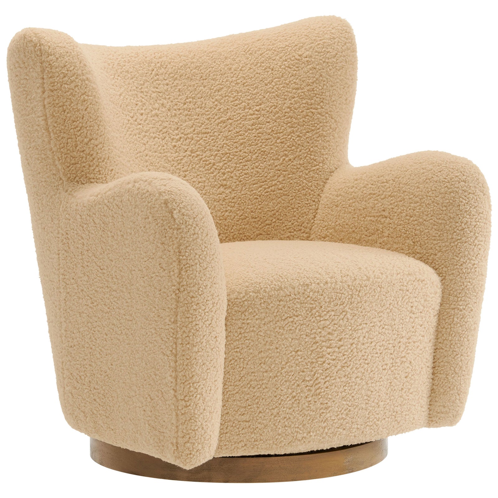 Curved arms and a rounded seat wrap you in comfort, finished with a warm walnut wood swivel base. || EEI-7105-IVO-WAL || front_angle_studio