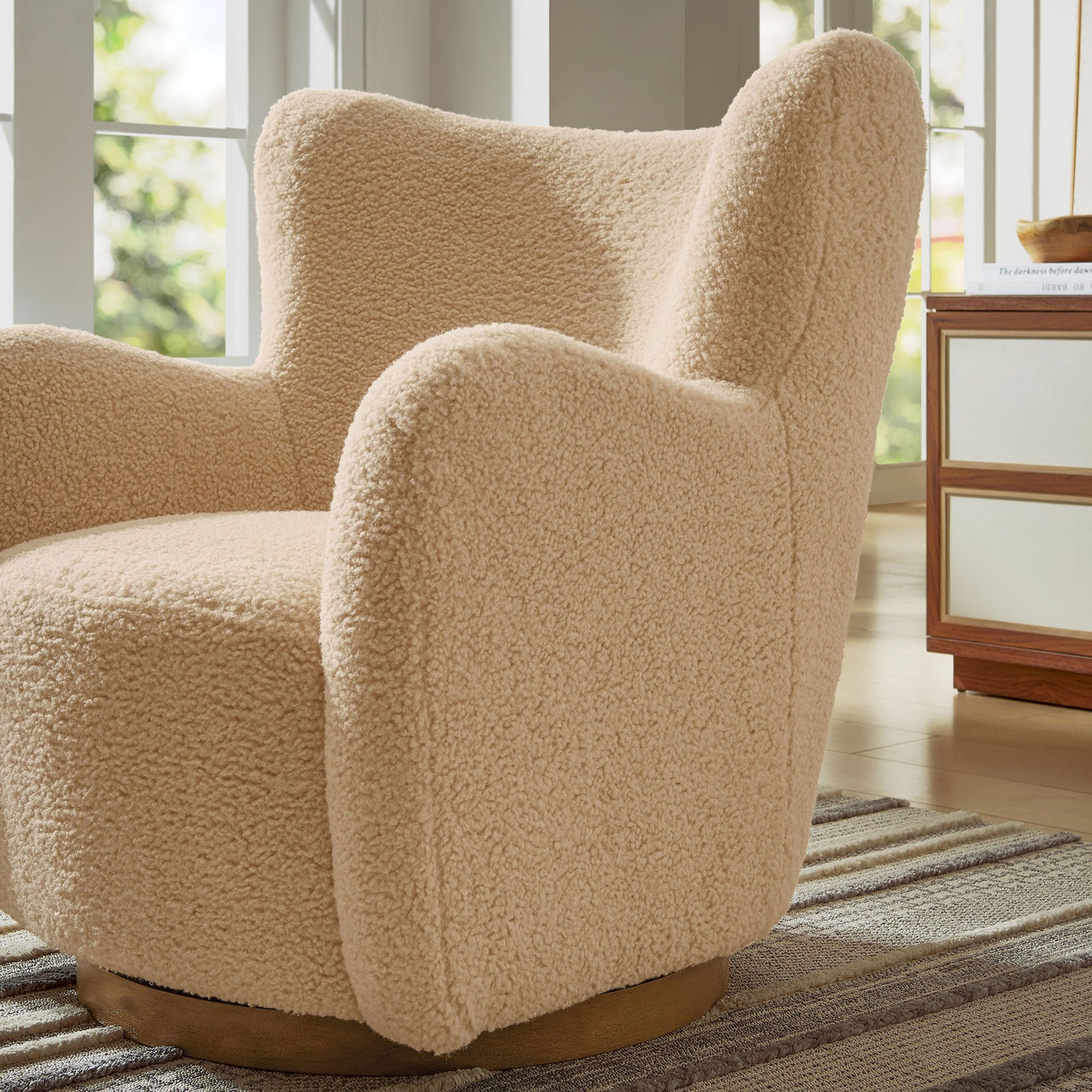 Inviting sherpa accent chair adds warm texture and modern comfort to your living space. || EEI-7105-IVO-WAL || front_angle_room