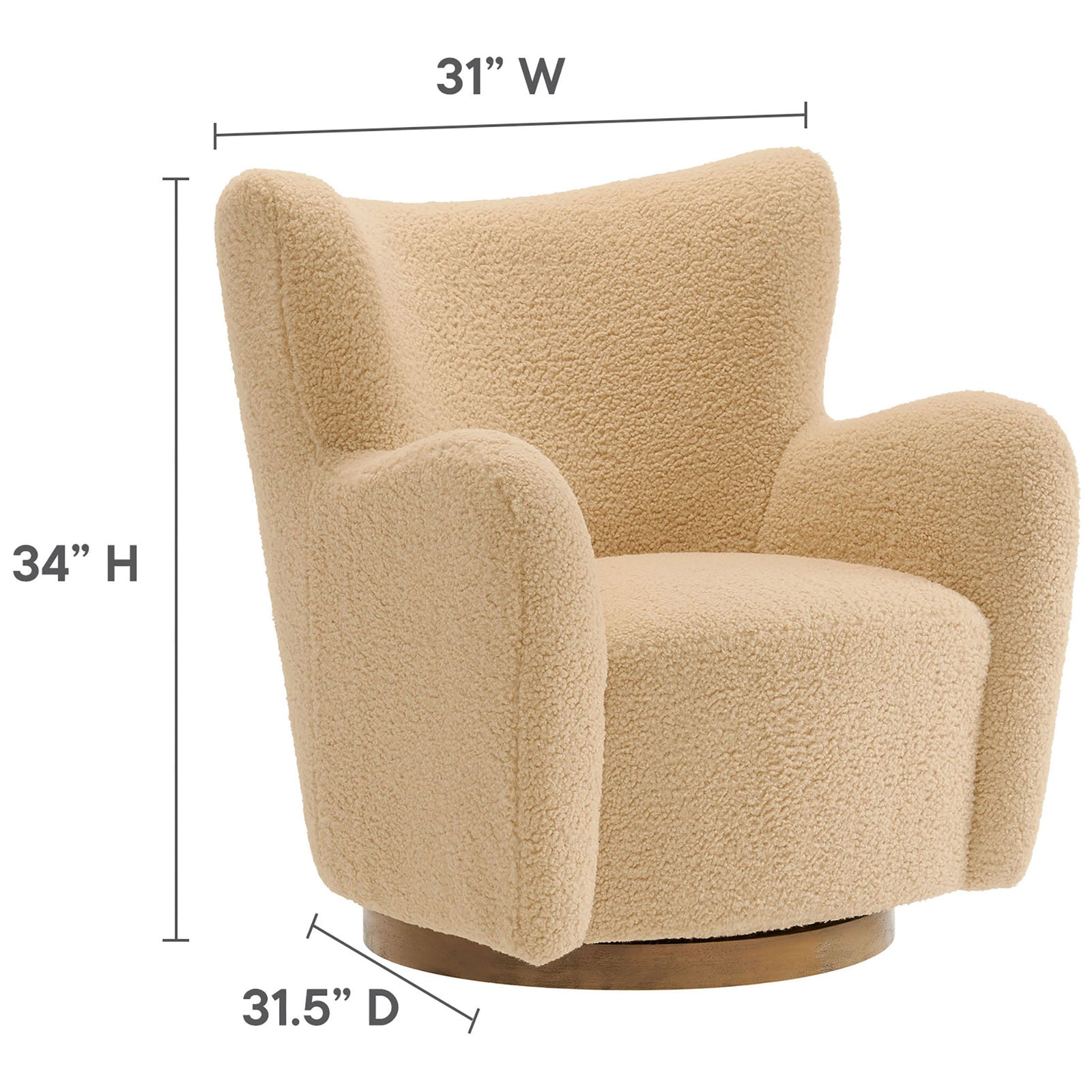 Compact wingback design with generous seating and a round swivel base suited for modern spaces. || EEI-7105-IVO-WAL || dimension_studio