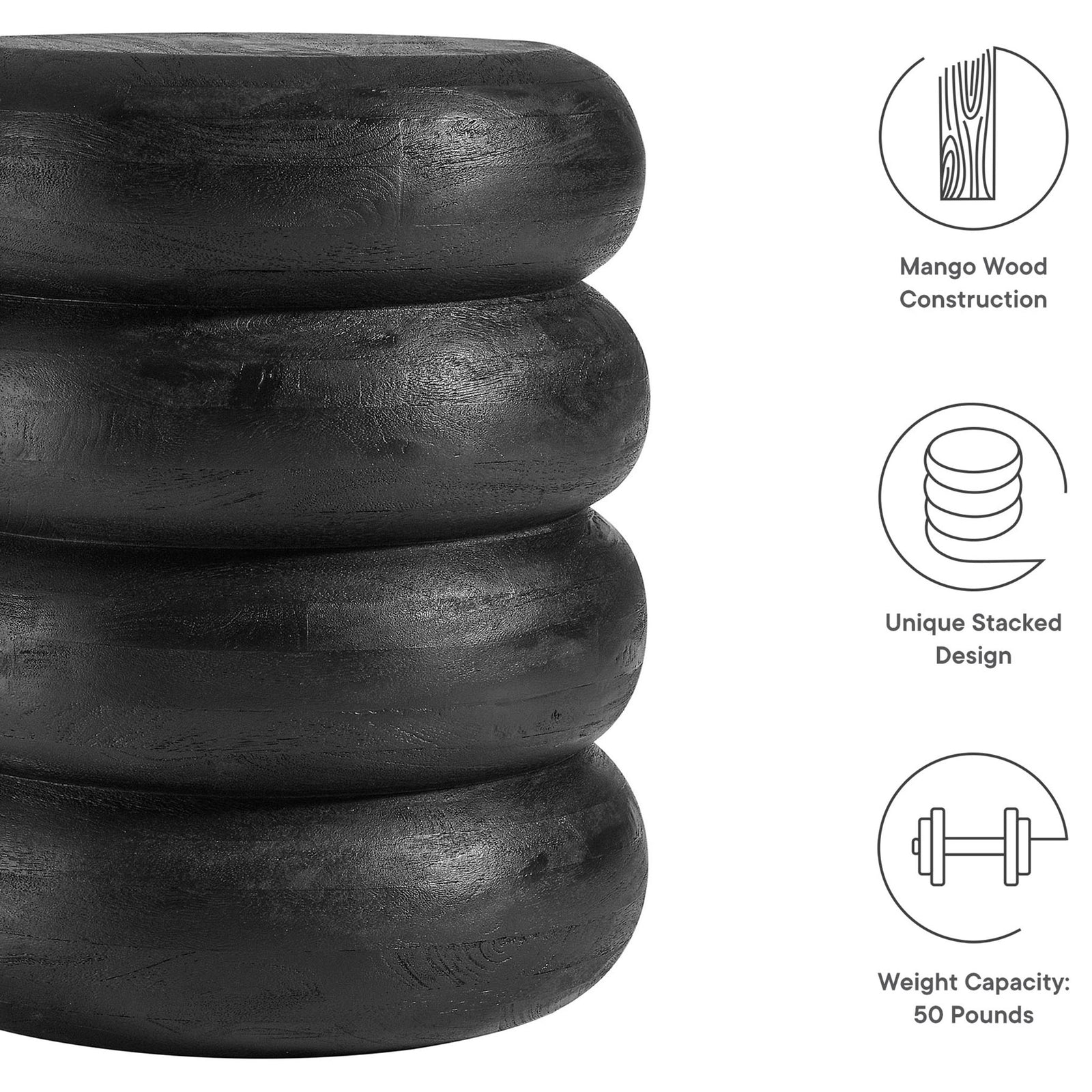 Black stacked wood side table with icons highlighting mango wood and 50 lb weight capacity || EEI-7106-BLK || callout_studio