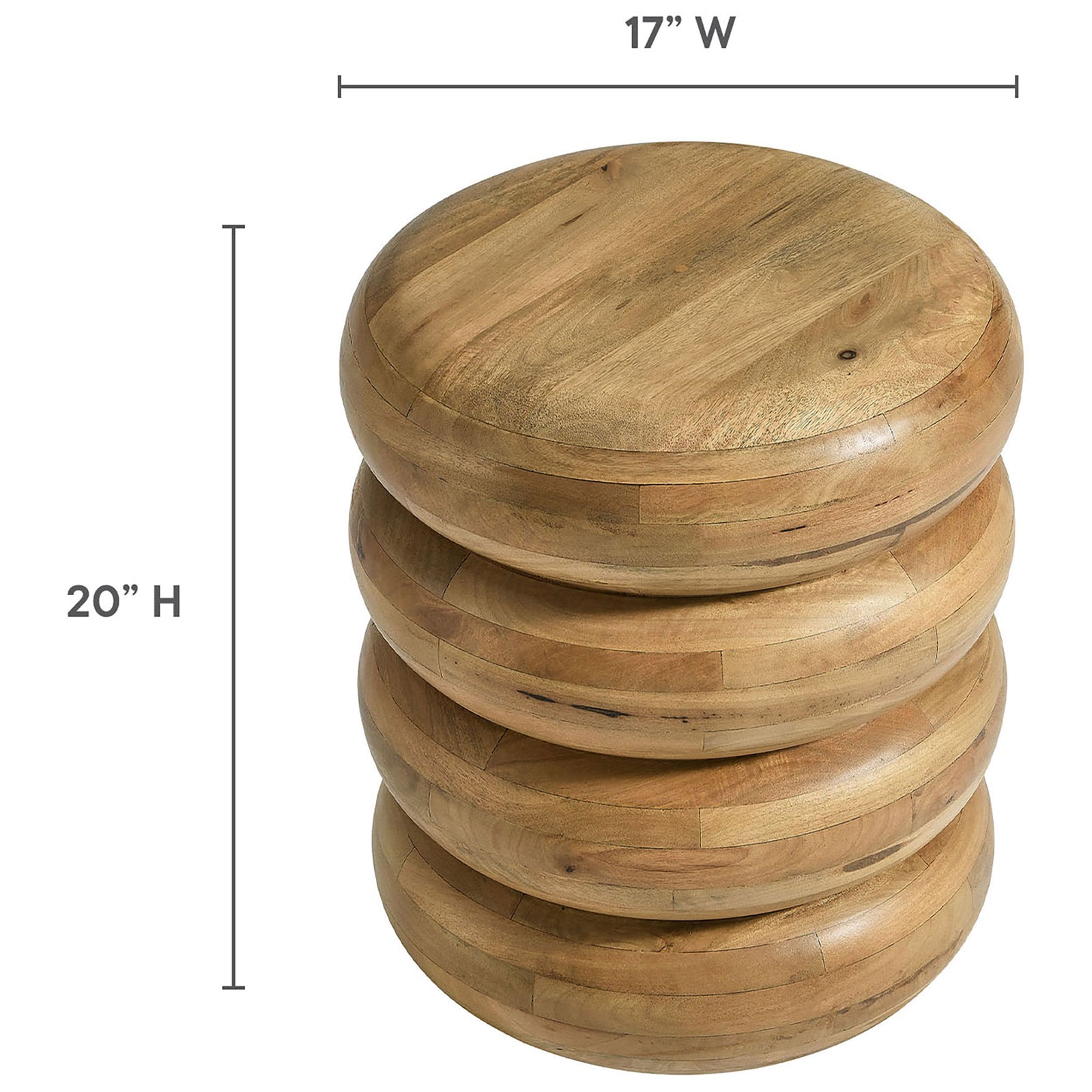 Dimension graphic showing the compact round table measuring 17 inches wide and 20 inches high || EEI-7106-NAT || dimension_studio