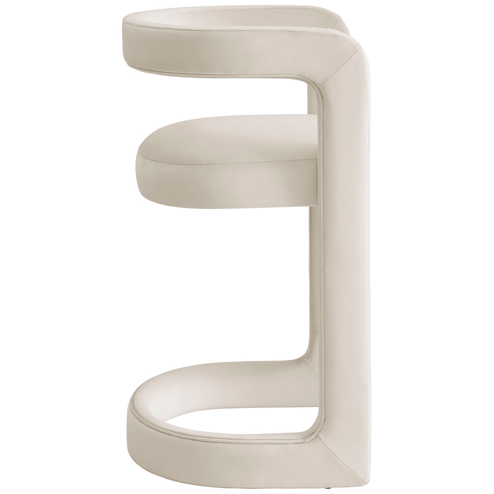 Continuous armrests and open backrest shape a sculptural counter stool in alabaster velvet || EEI-7107-ALA || side_studio