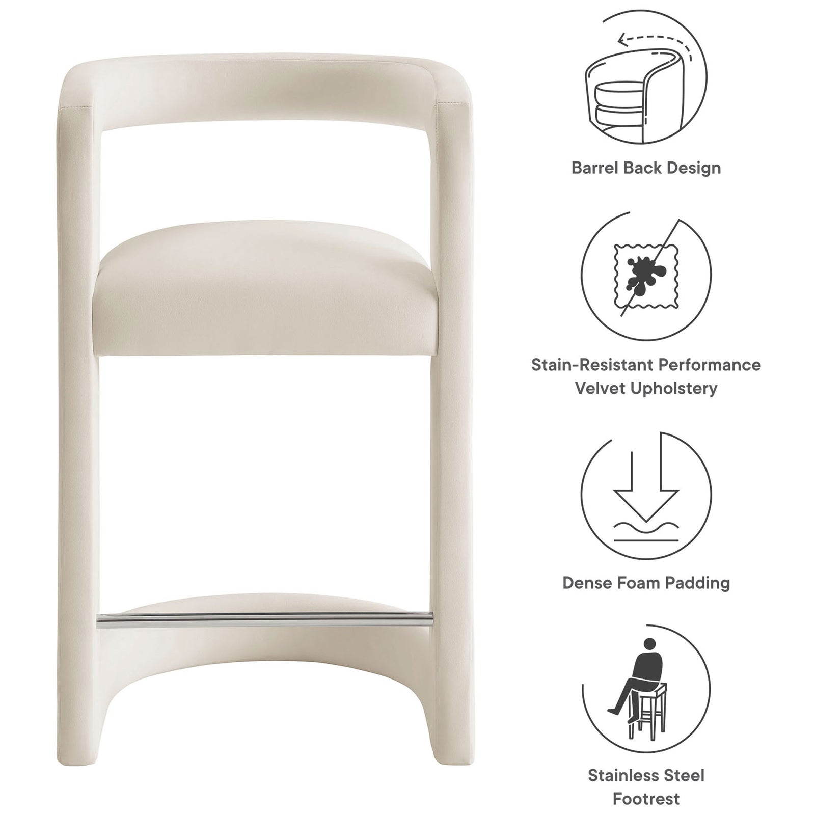 Key features: barrel-back design, stain-resistant velvet, dense foam, stainless steel footrest || EEI-7107-ALA || callout_studio