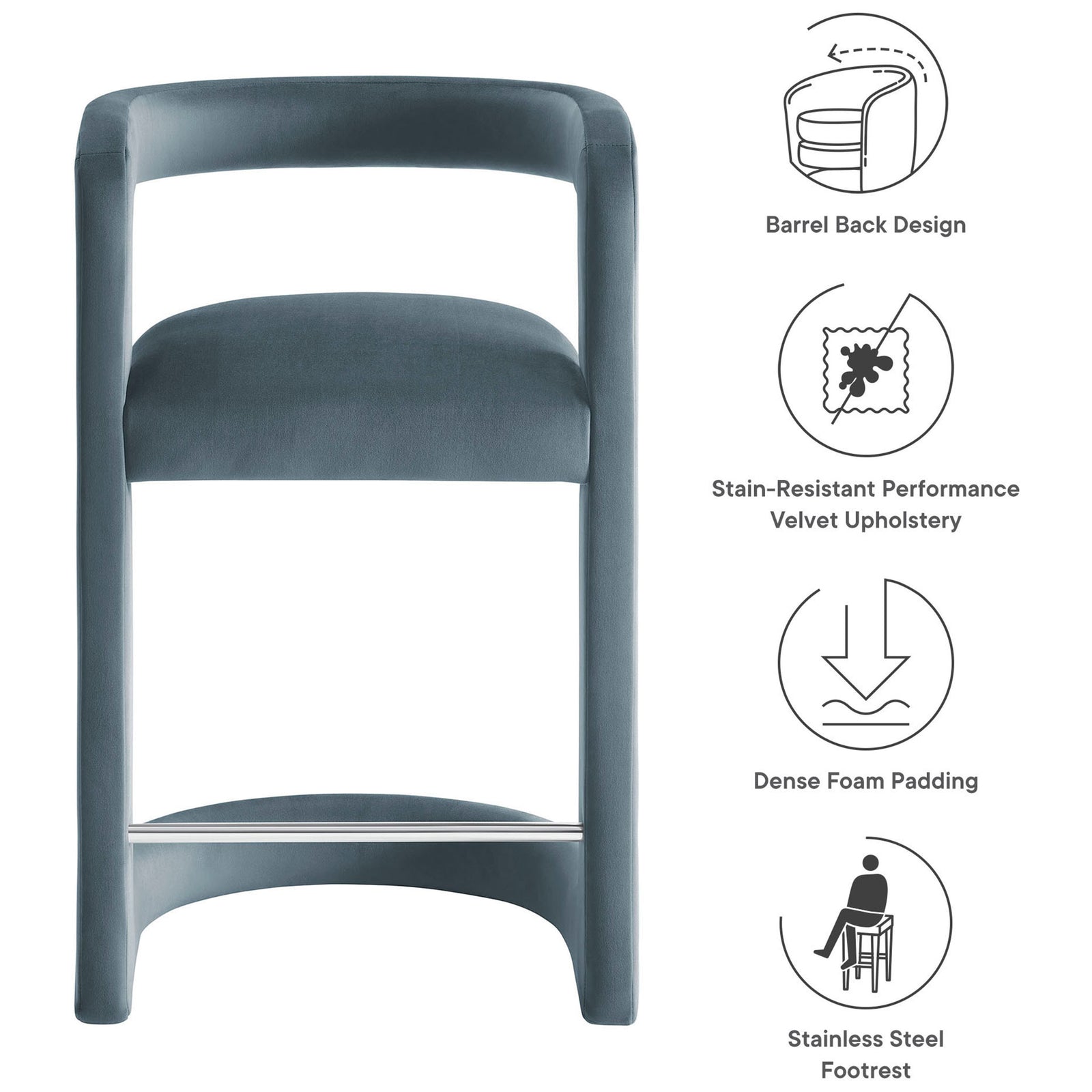 Key features: barrel-back design, stain-resistant velvet, dense foam, stainless steel footrest || EEI-7107-CAB || callout_studio