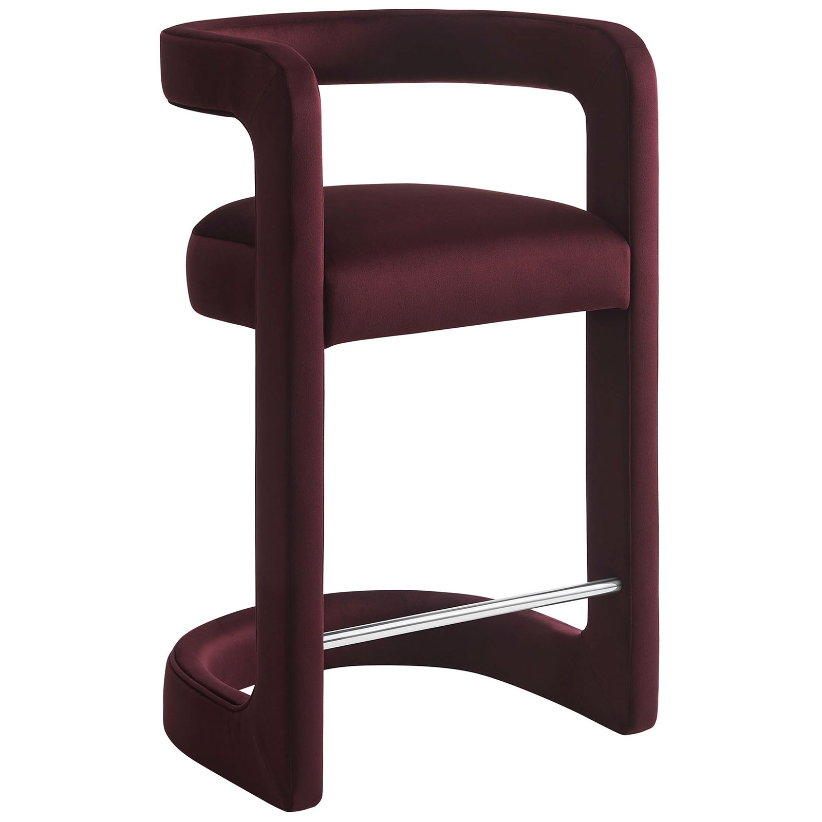 Sculpted velvet counter stool featuring a wraparound back and gently curved base in rich mulberry. || EEI-7107-MUL || front_angle_studio