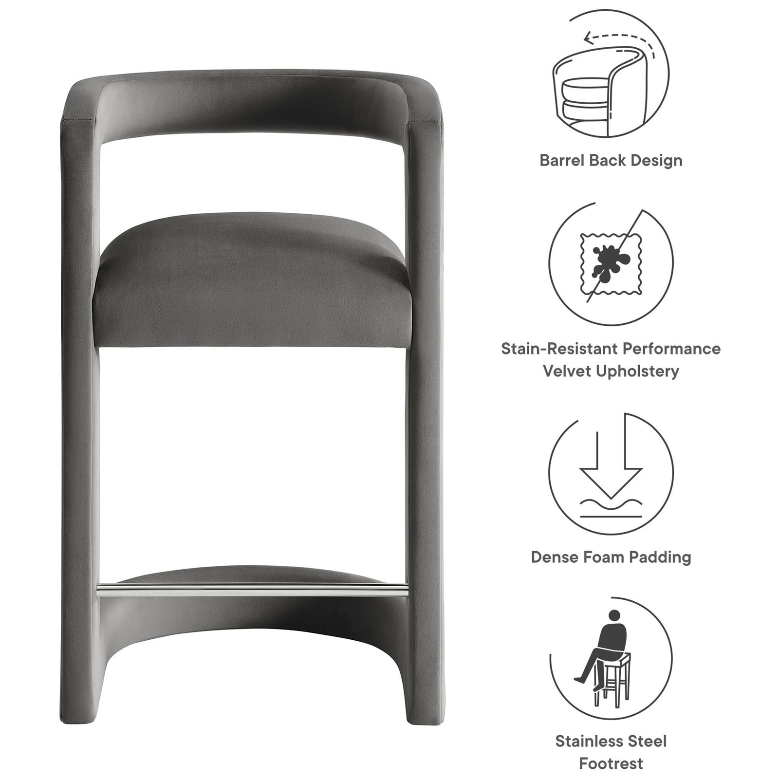 Key features include barrel back, stain-resistant velvet, dense foam, and stainless steel footrest || EEI-7107-STG || callout_studio