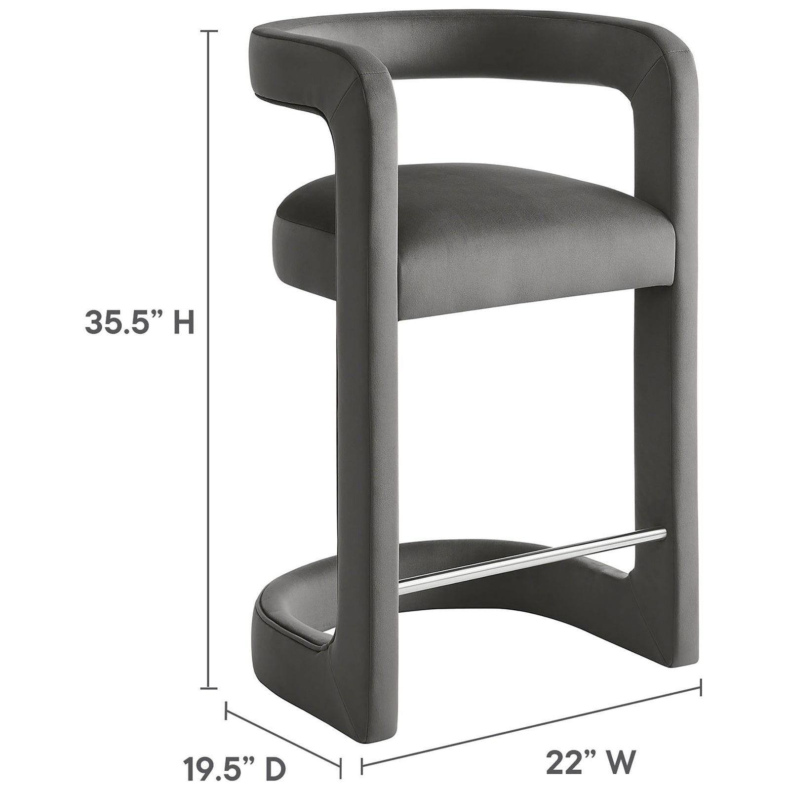 Dimensions: 35.5 H x 22 W x 19.5 D inches; tailored storm gray velvet counter stool || EEI-7107-STG || dimension_studio