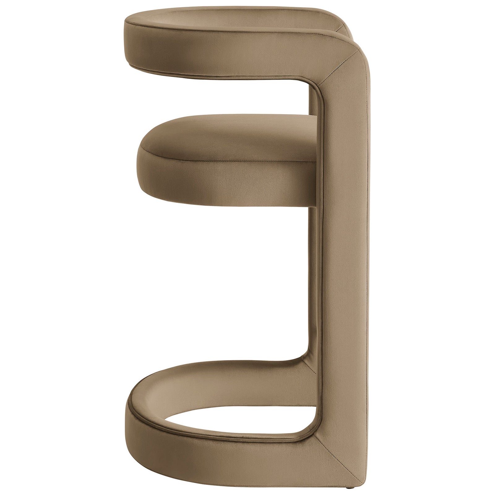 Sculptural silhouette showcases the continuous frame and U-shaped base in soft taupe velvet || EEI-7107-TAU || side_studio