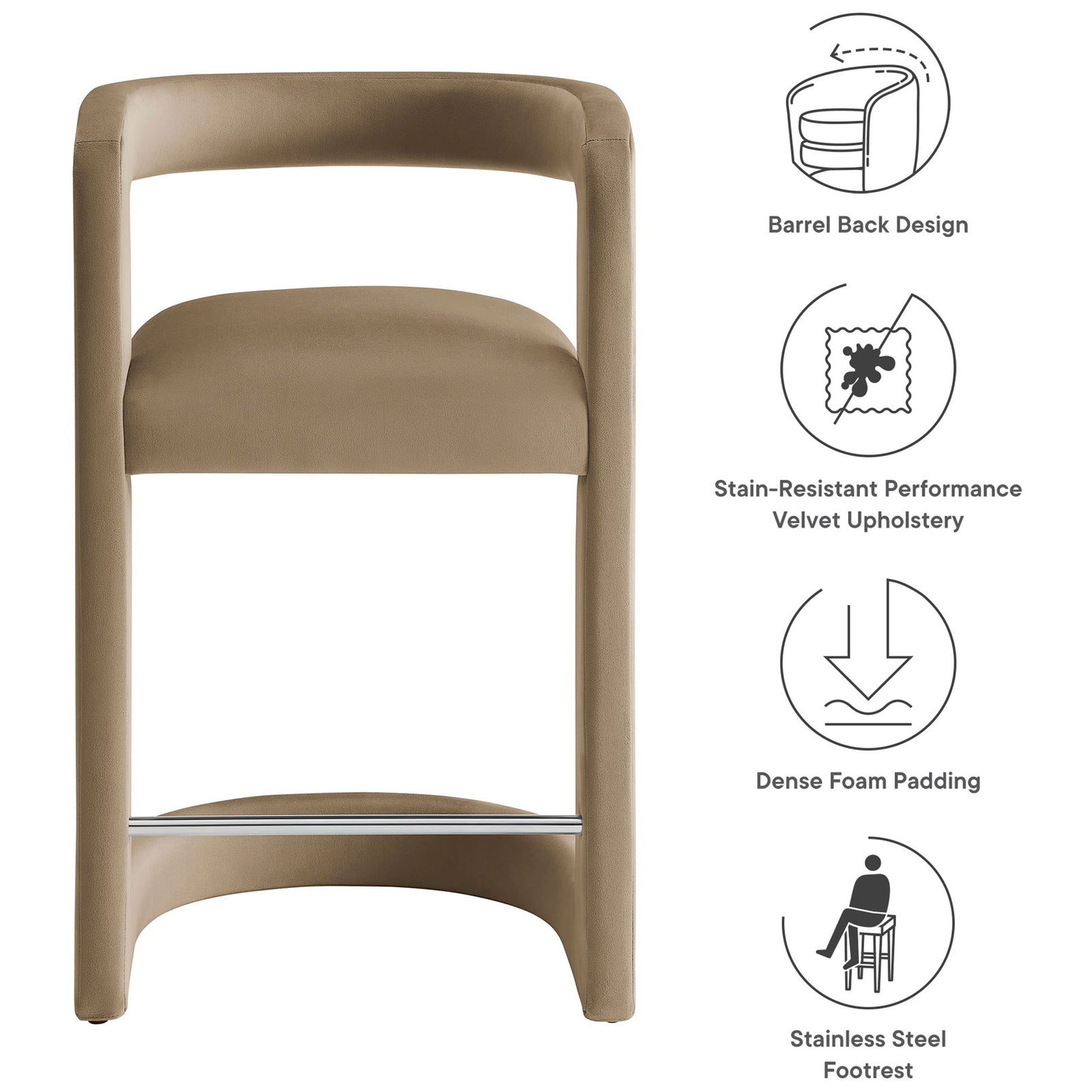 Key features highlighted: barrel back, stain-resistant velvet, dense foam, and steel footrest || EEI-7107-TAU || callout_studio