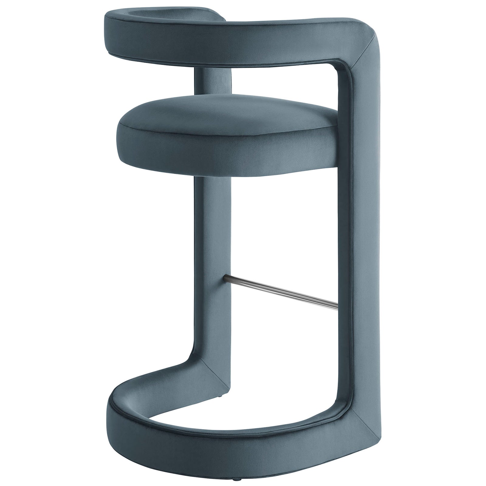 Sculpted open back curves into smooth armrests for a modern velvet bar stool || EEI-7108-CAB || back_angle_studio