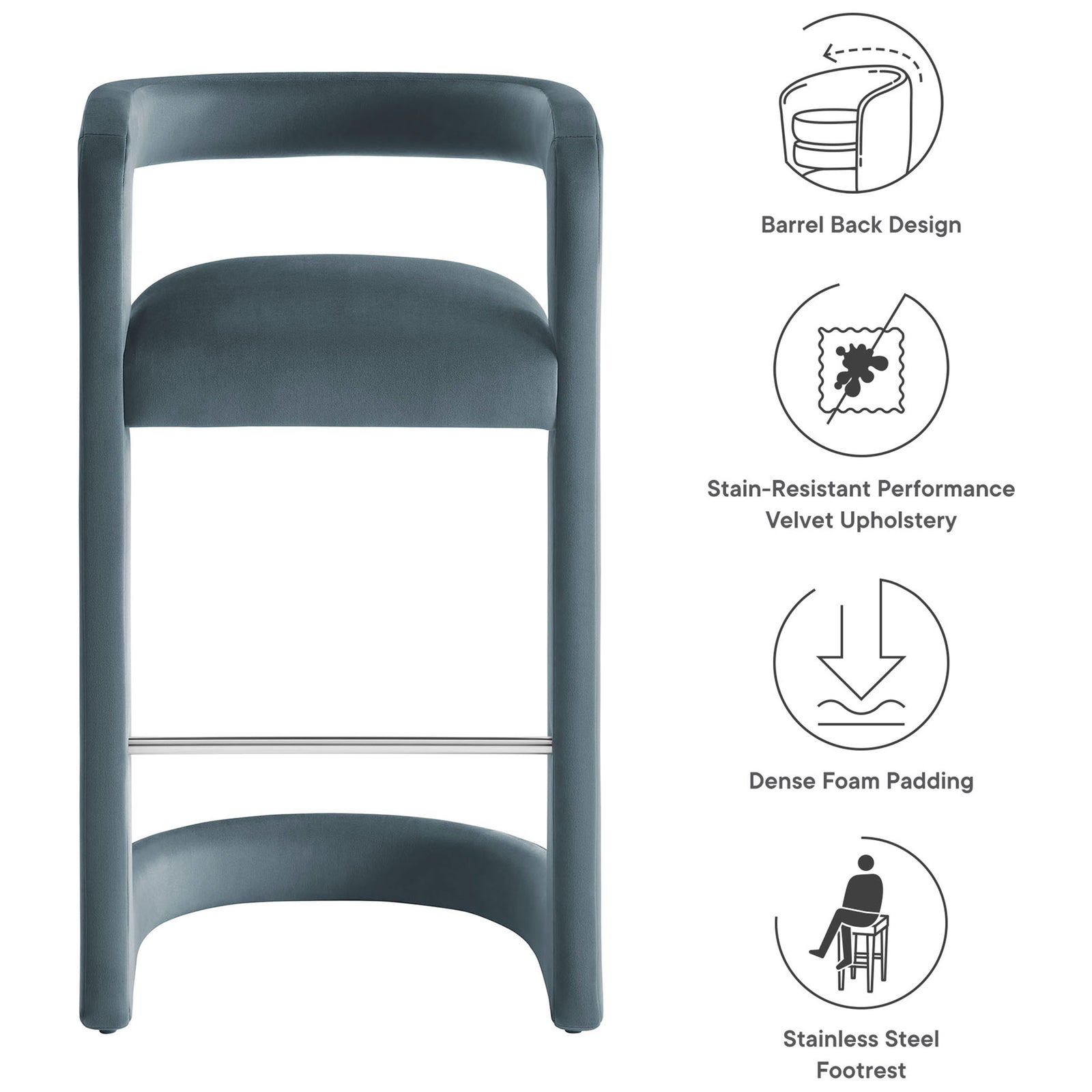 Highlights: barrel back, stain-resistant velvet, dense foam, stainless steel footrest || EEI-7108-CAB || callout_studio