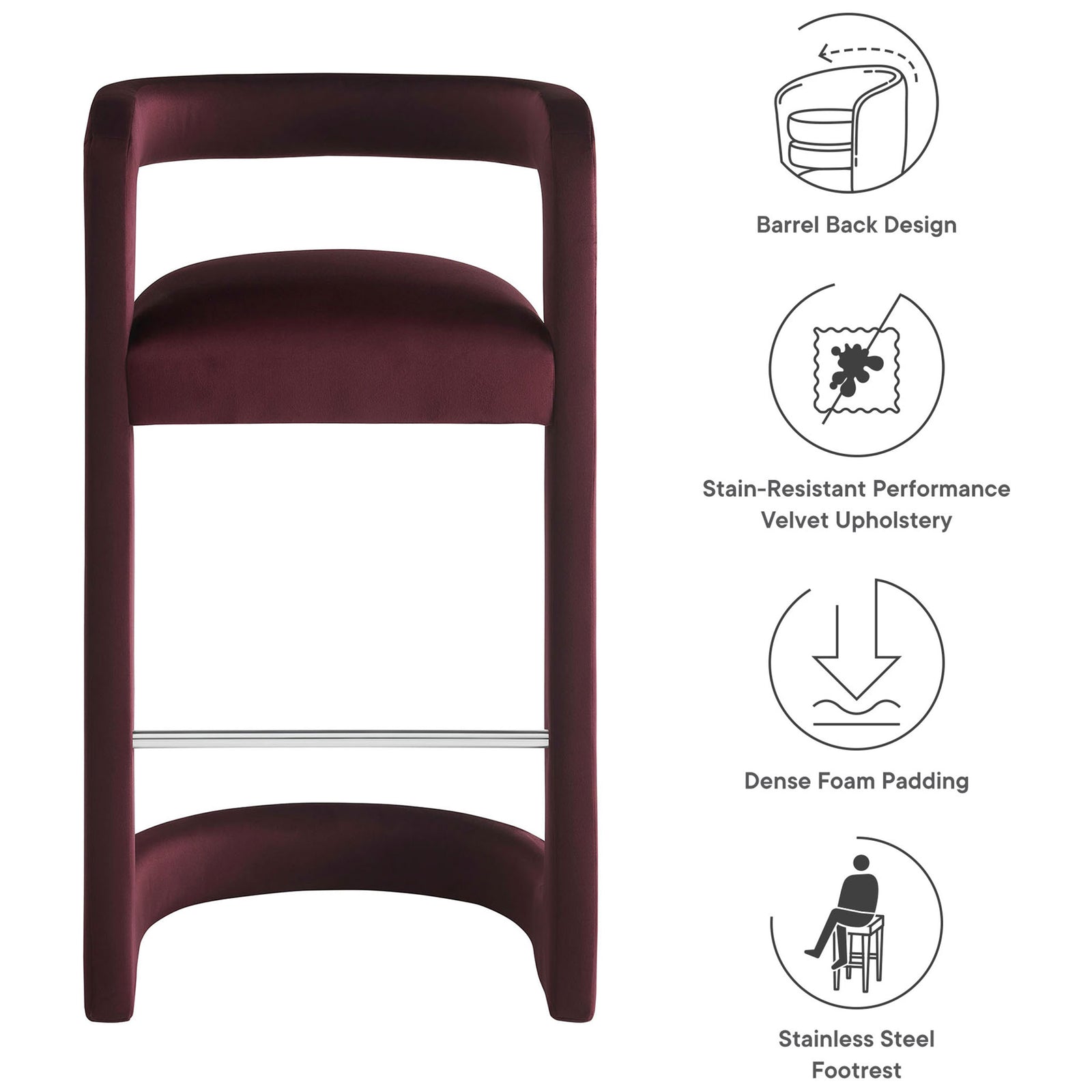 Barrel-back bar stool combines dense foam padding with a gleaming stainless steel footrest. || EEI-7108-MUL || callout_studio