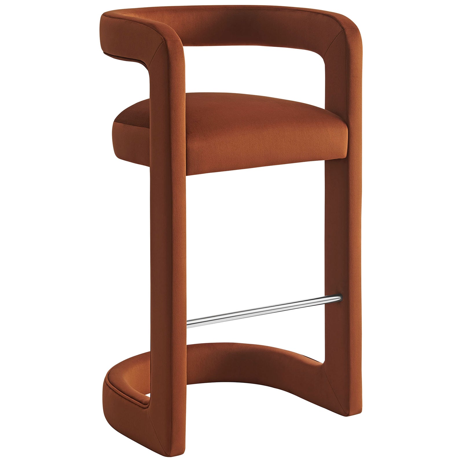 Sculptural curves and continuous armrests define this performance velvet bar stool || EEI-7108-RUS || front_angle_studio