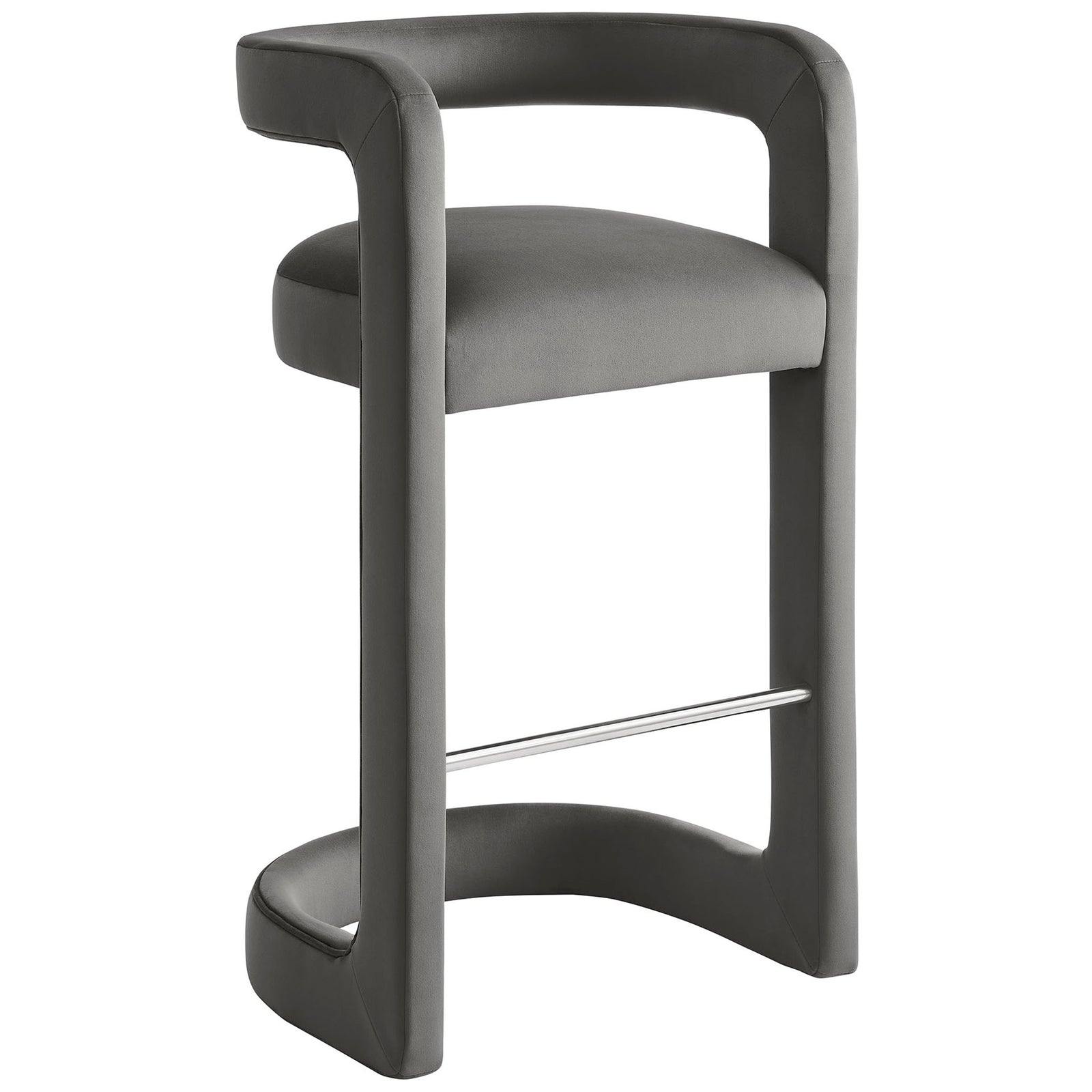 Elegant curved arms and sculptural base bring modern style to this plush velvet bar stool || EEI-7108-STG || front_angle_studio