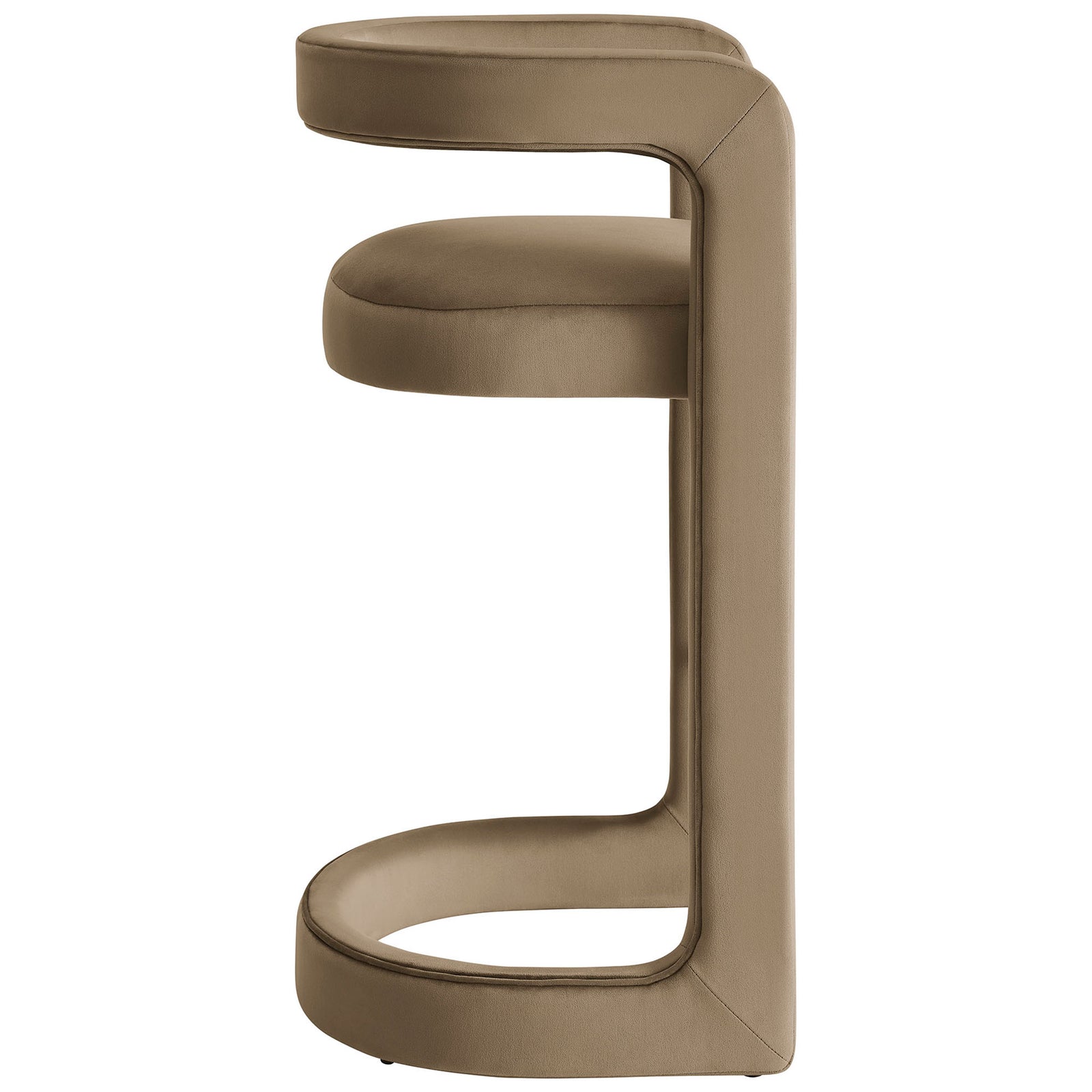 Refined silhouette highlights continuous arms and sculpted base in soft taupe velvet || EEI-7108-TAU || side_studio