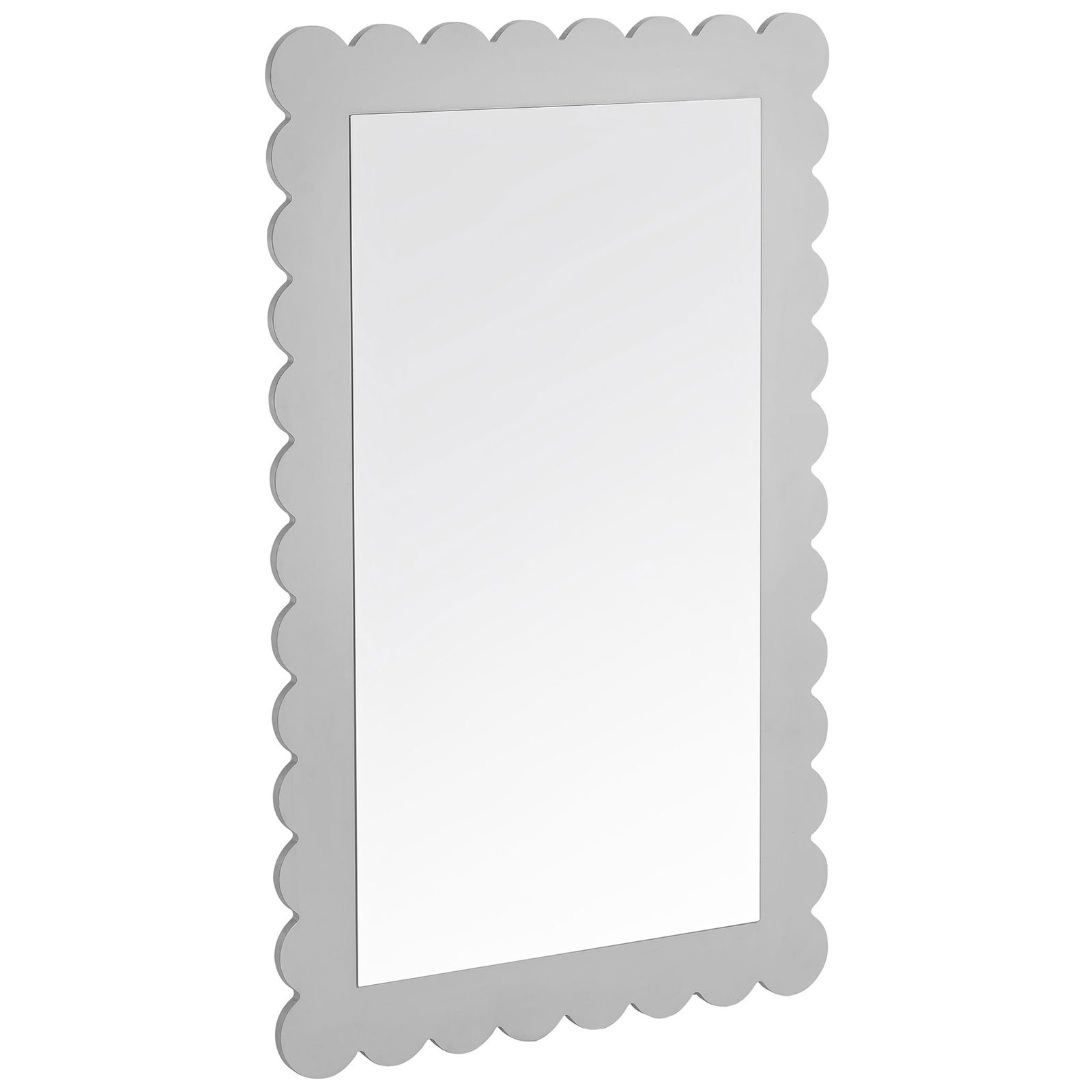 Light gray scalloped wall mirror showing its playful wavy frame design || EEI-7116-LGR || front_angle_studio