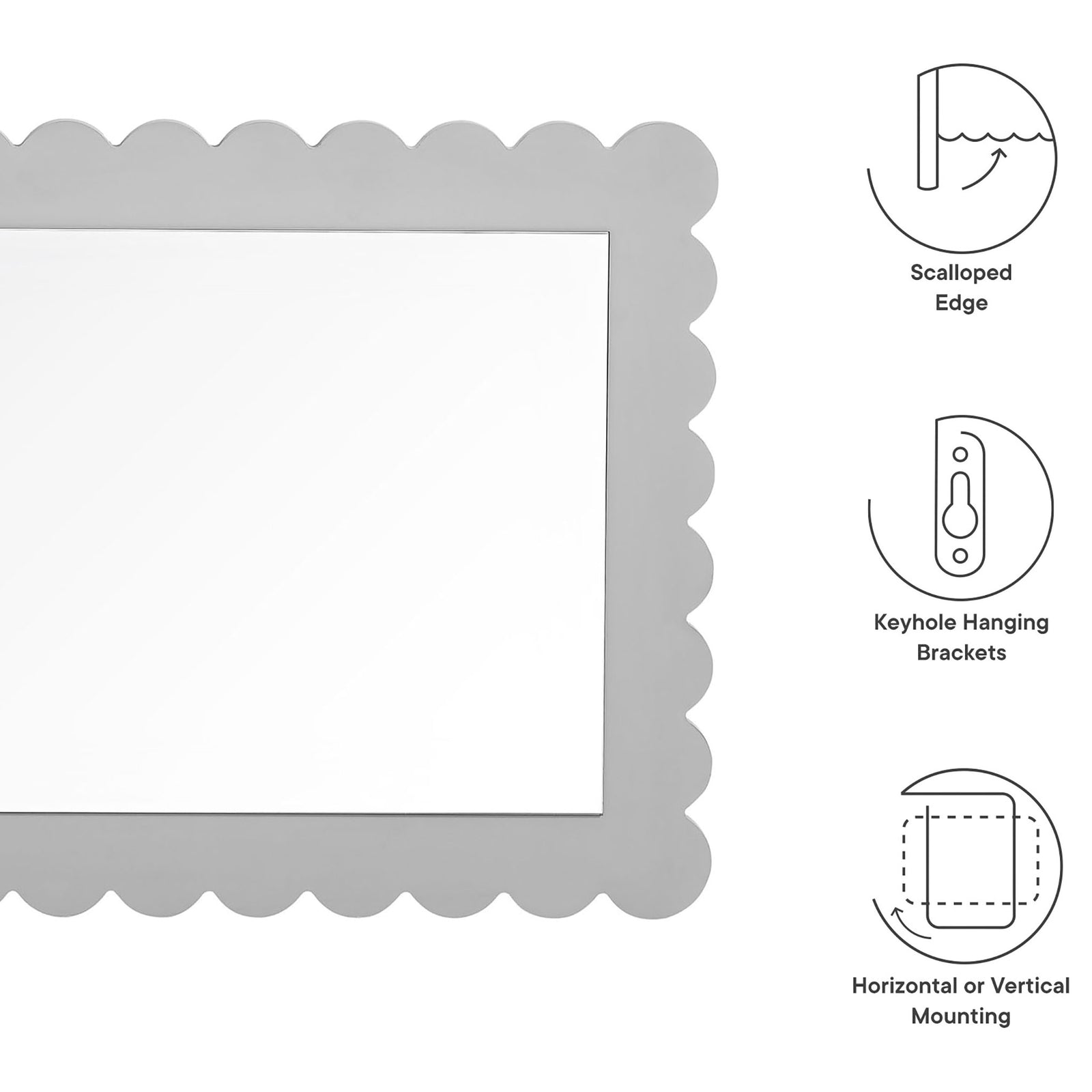 Feature graphic highlighting scalloped edge, keyhole brackets, and versatile mounting options || EEI-7116-LGR || callout_studio