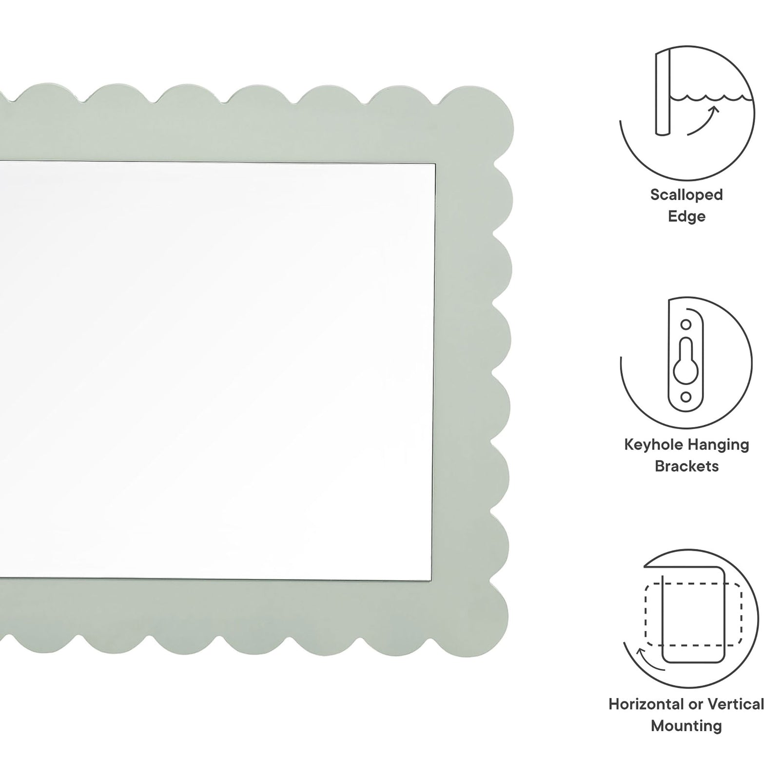 Feature graphic showing scalloped edge, keyhole hanging brackets, and flexible mounting options || EEI-7116-SGE || callout_studio