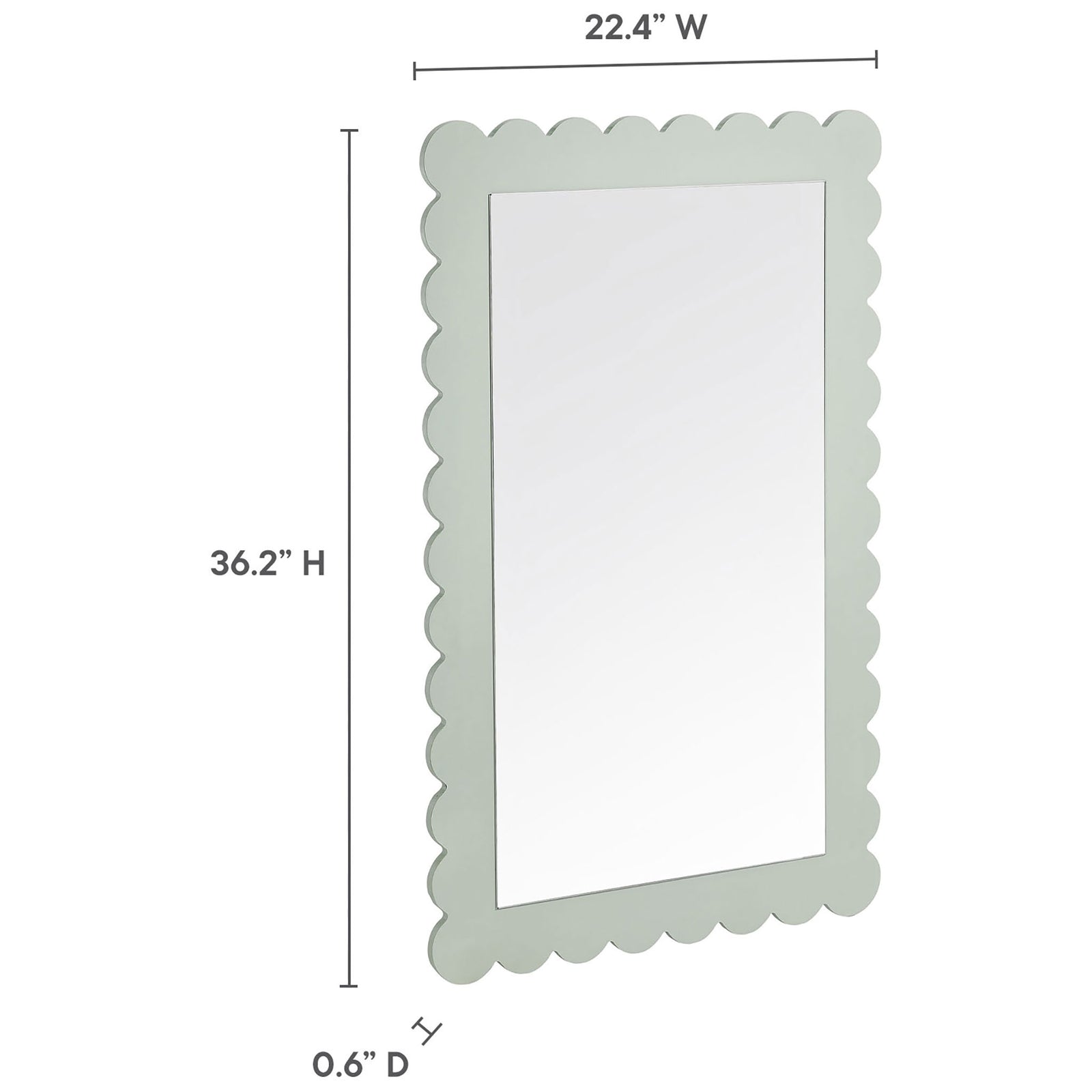 Size guide showing overall dimensions of the sage green Emmeline scalloped wall mirror || EEI-7116-SGE || dimension_studio