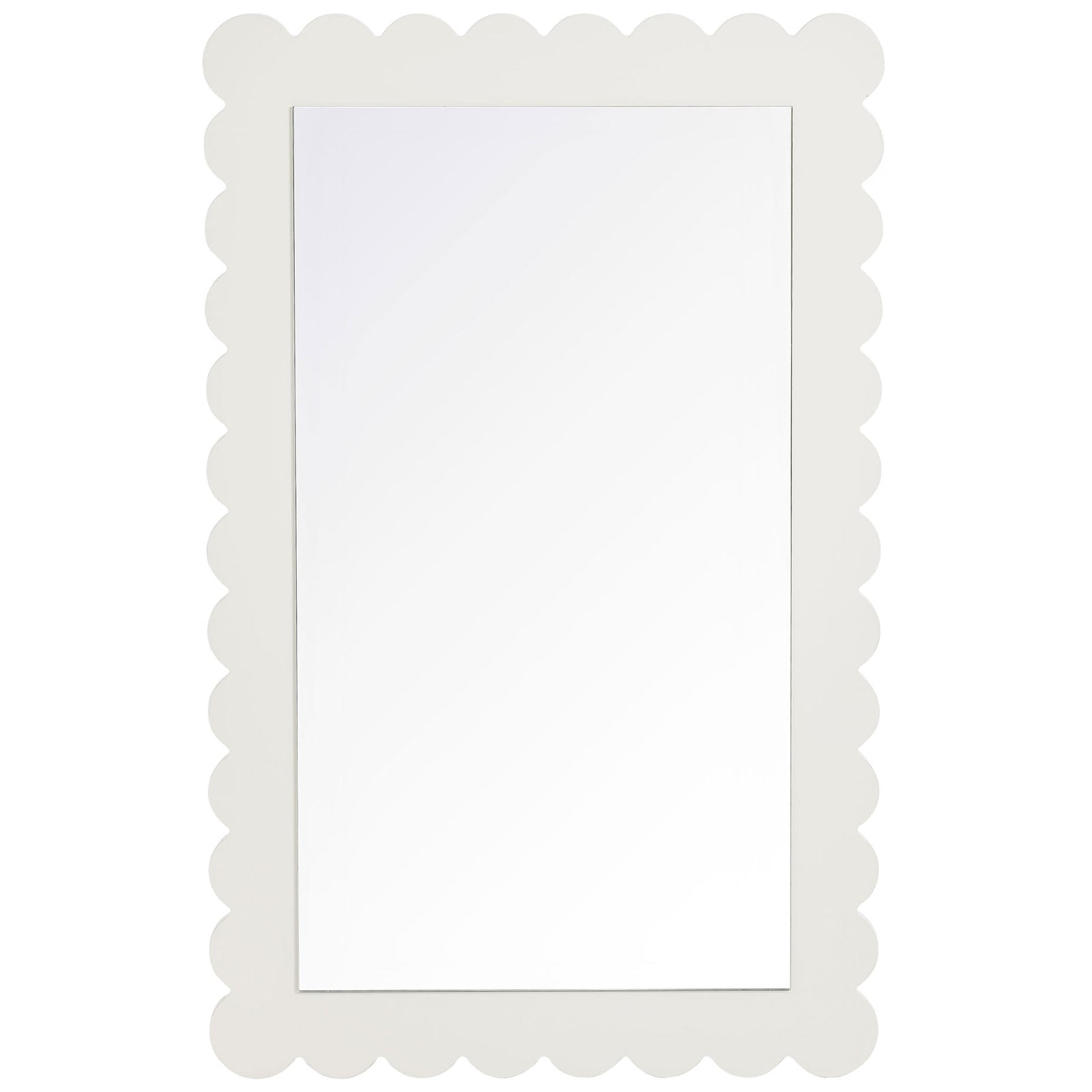 White scalloped wall mirror in a clean, vertical rectangular silhouette || EEI-7116-WHI || front_studio