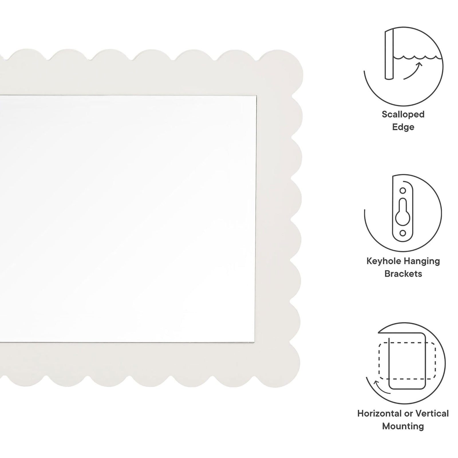 Feature graphic highlighting scalloped edge, keyhole brackets, and flexible mounting directions || EEI-7116-WHI || callout_studio