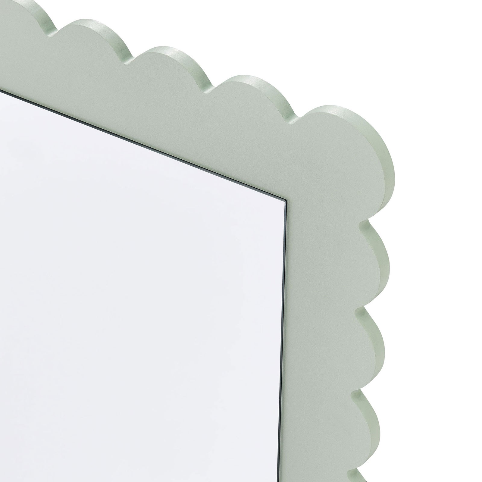 Scalloped sage frame detail highlighting smooth curves around the full-length mirror glass || EEI-7117-SGE || detail_studio