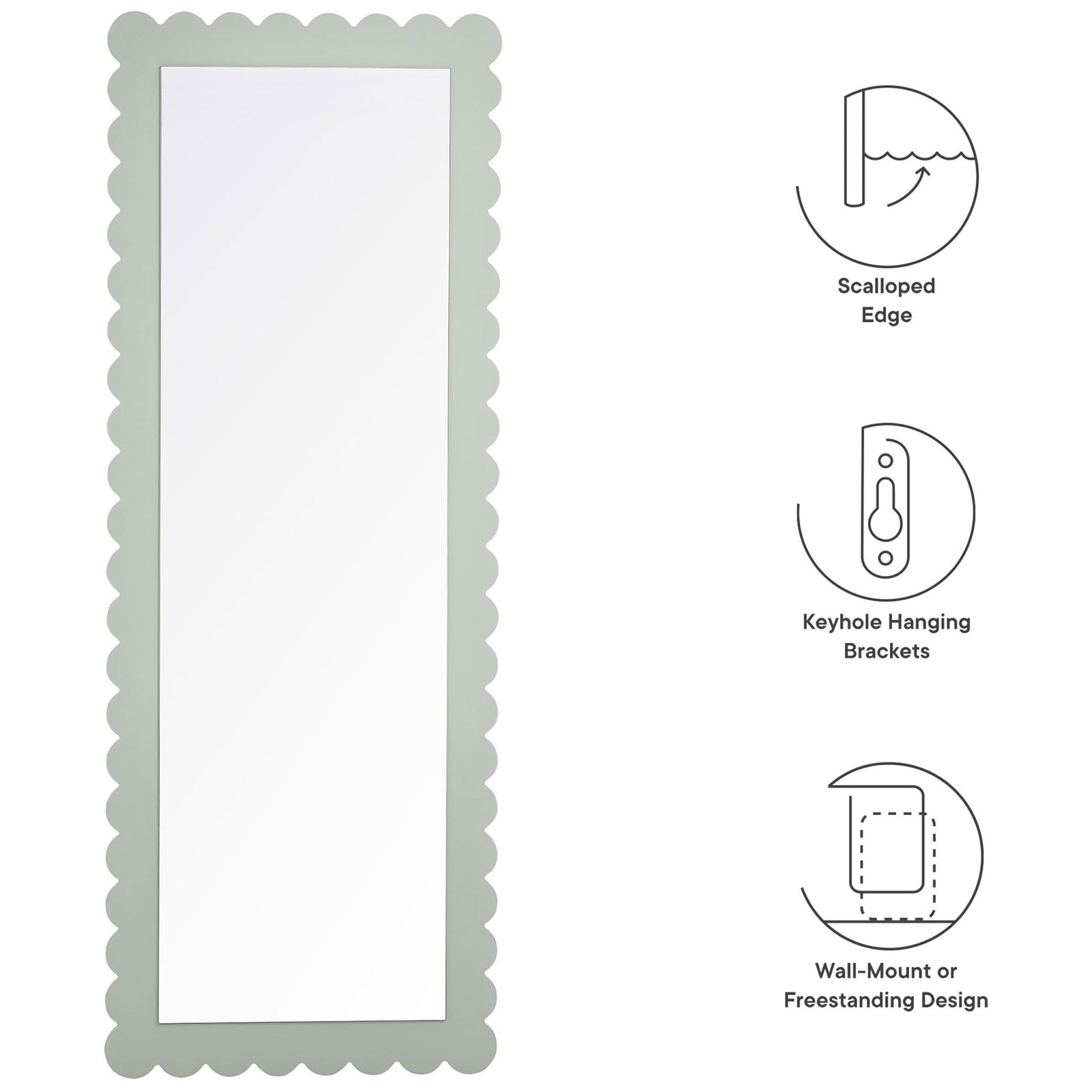 Sage scalloped floor mirror with keyhole hanging brackets and option for wall-mount or freestanding use || EEI-7117-SGE || callout_studio
