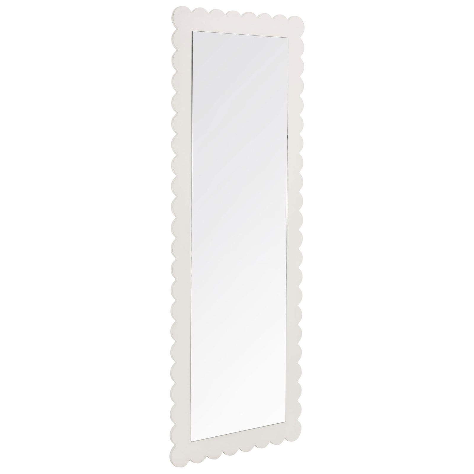 White scalloped full-length mirror with wavy frame and slim profile || EEI-7117-WHI || front_angle_studio