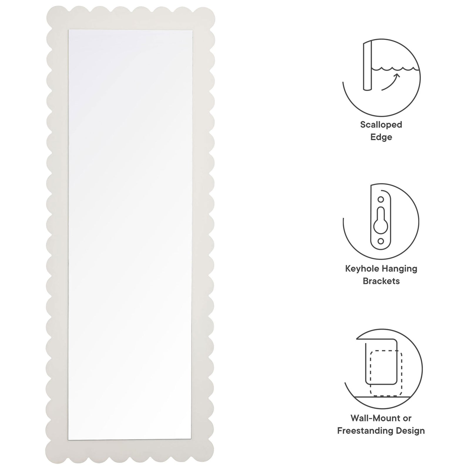 Feature overview of scalloped edge floor mirror with wall-mount and freestanding icons || EEI-7117-WHI || callout_studio