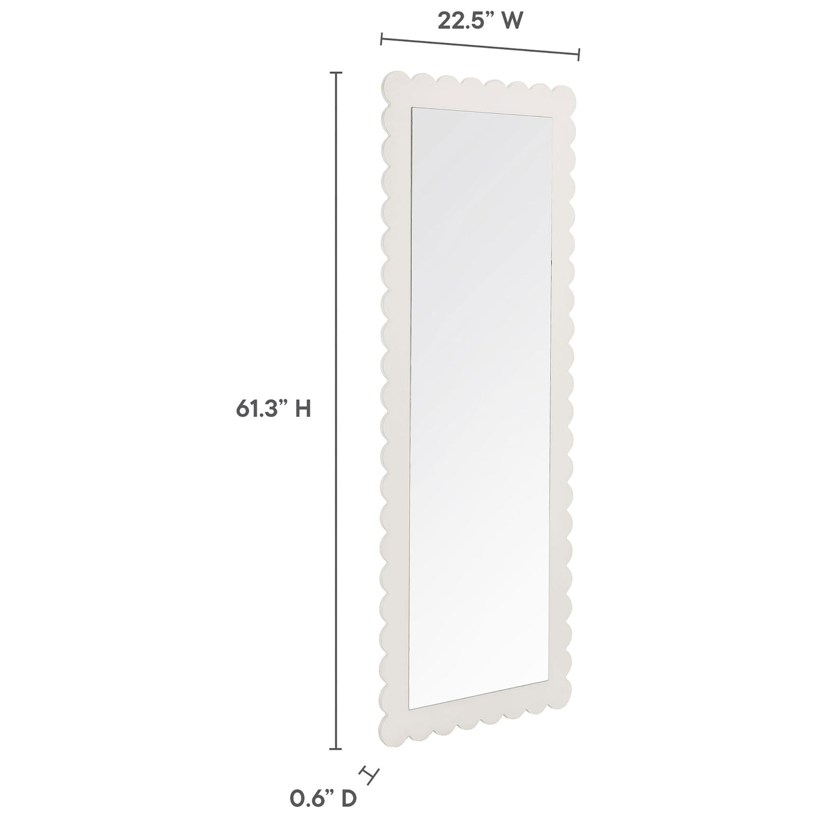 Size diagram of Emmeline scalloped floor mirror with labeled height, width, and depth || EEI-7117-WHI || dimension_studio