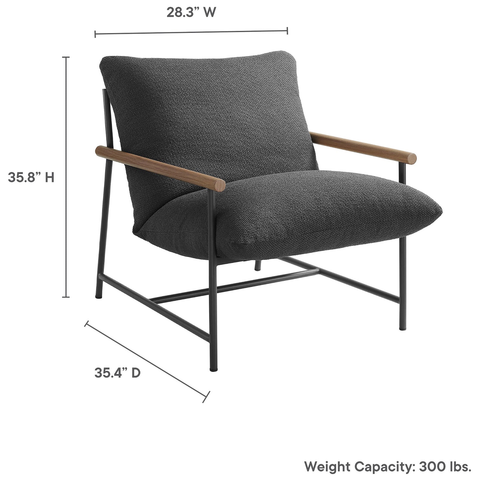 Dimensions for the charcoal boucle lounge chair showing width, depth, height, and 300 lb weight capacity || EEI-7118-CHA || dimension_studio
