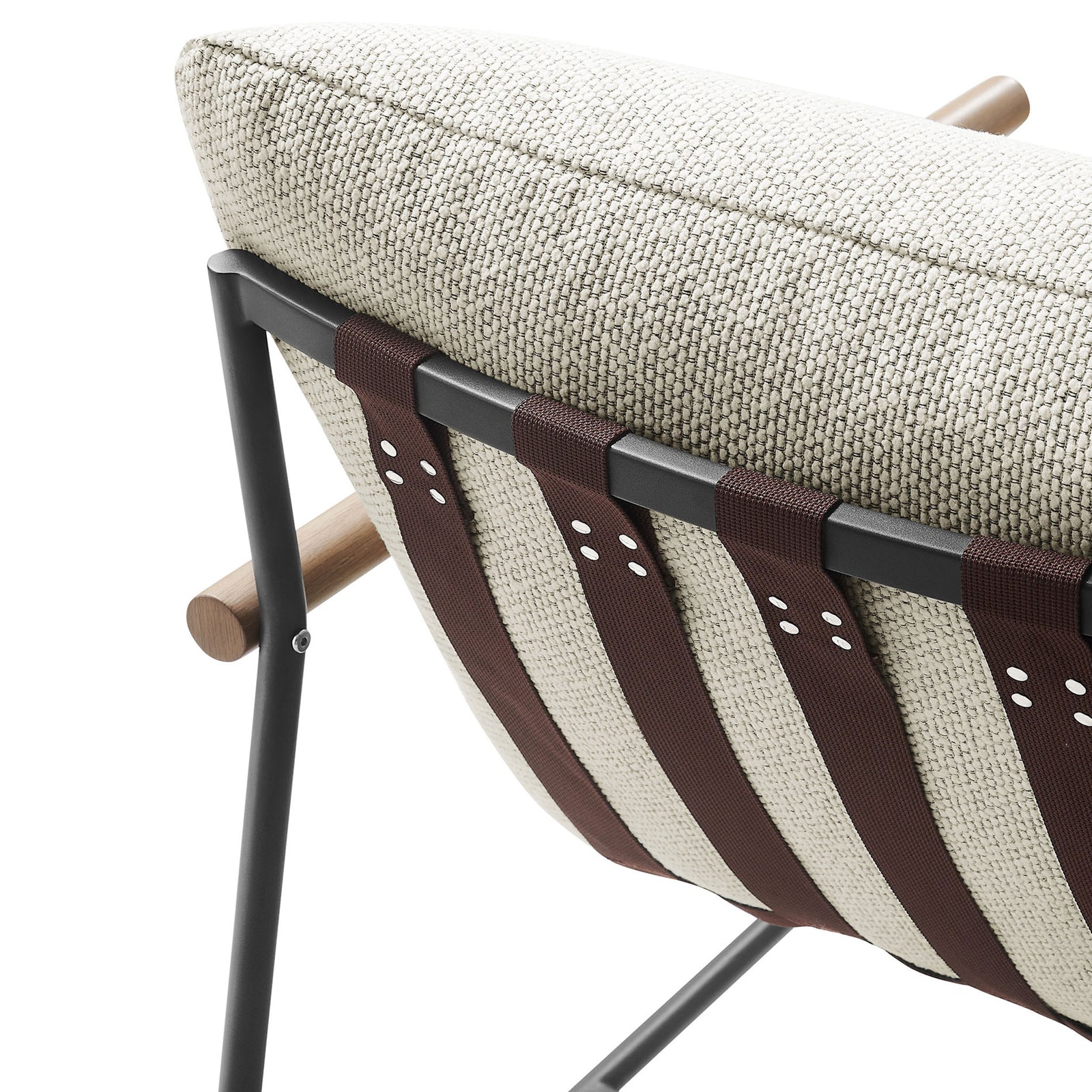 Ivory boucle cushion paired with wide brown poly sling straps and black metal frame detailing || EEI-7118-IVO || detail_studio
