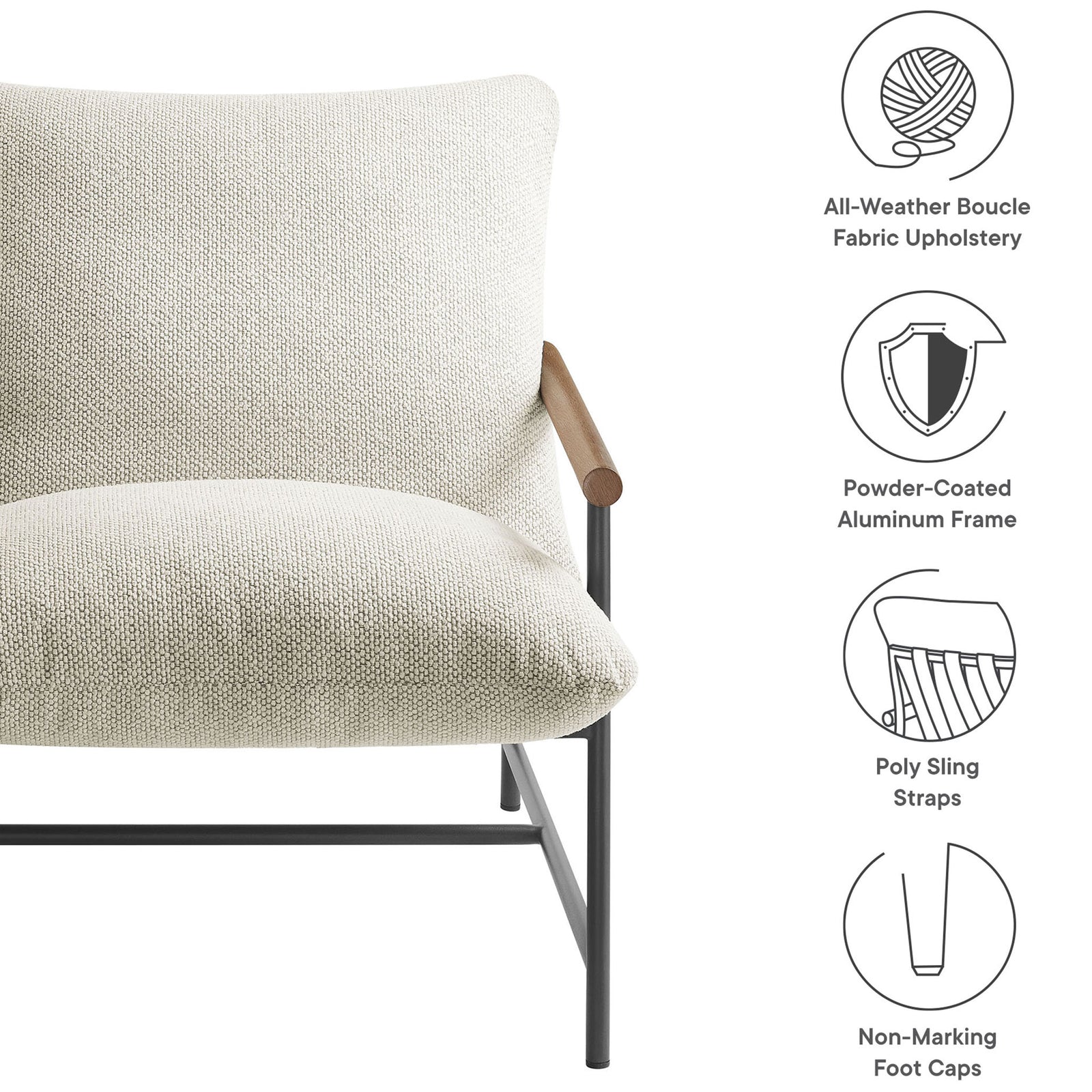 Feature callouts for boucle fabric upholstery, aluminum frame, sling straps, and non-marking foot caps in ivory || EEI-7118-IVO || callout_studio