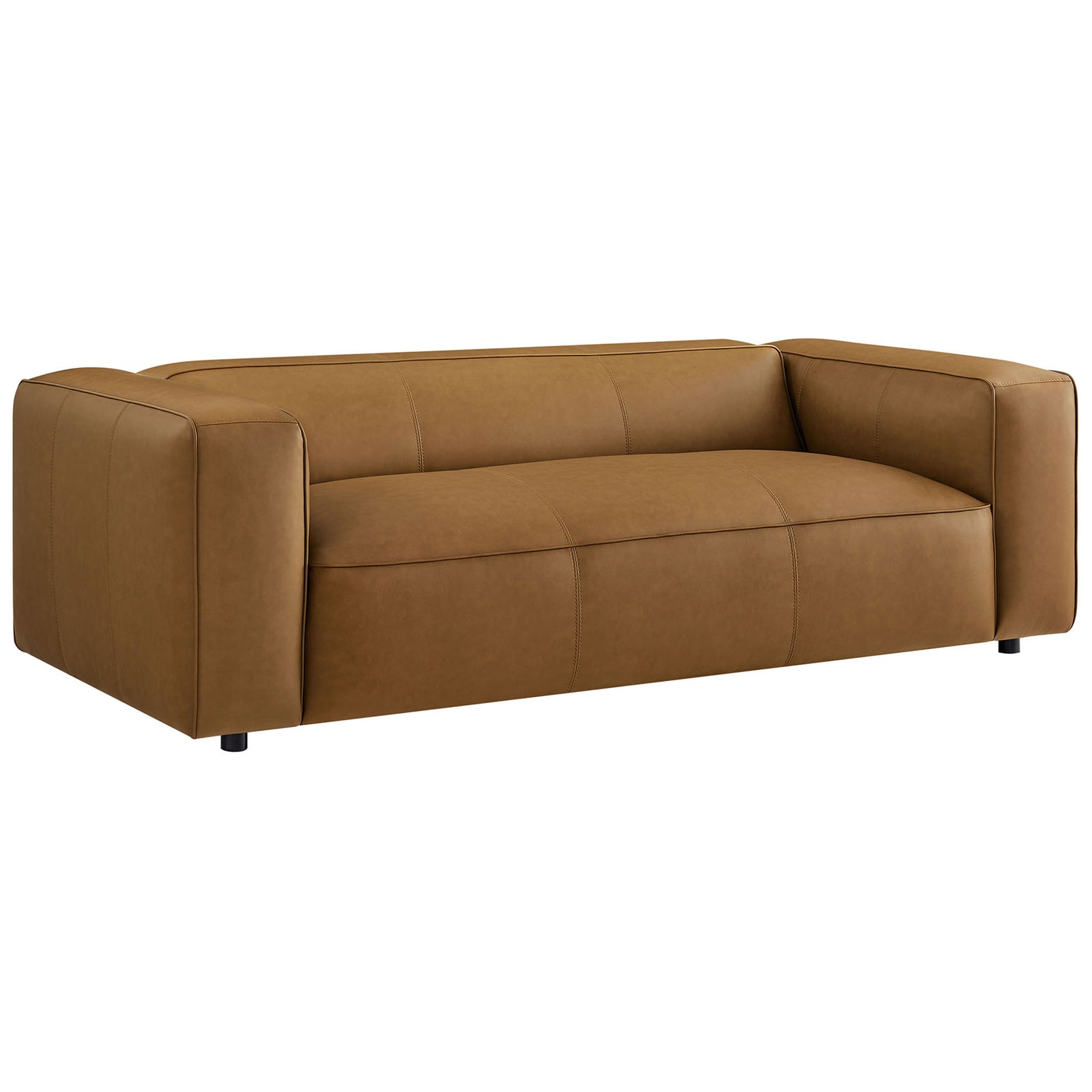 Low-profile camel vegan leather sofa with plush cushioning and tailored seams || EEI-7119-CAM || front_angle_studio