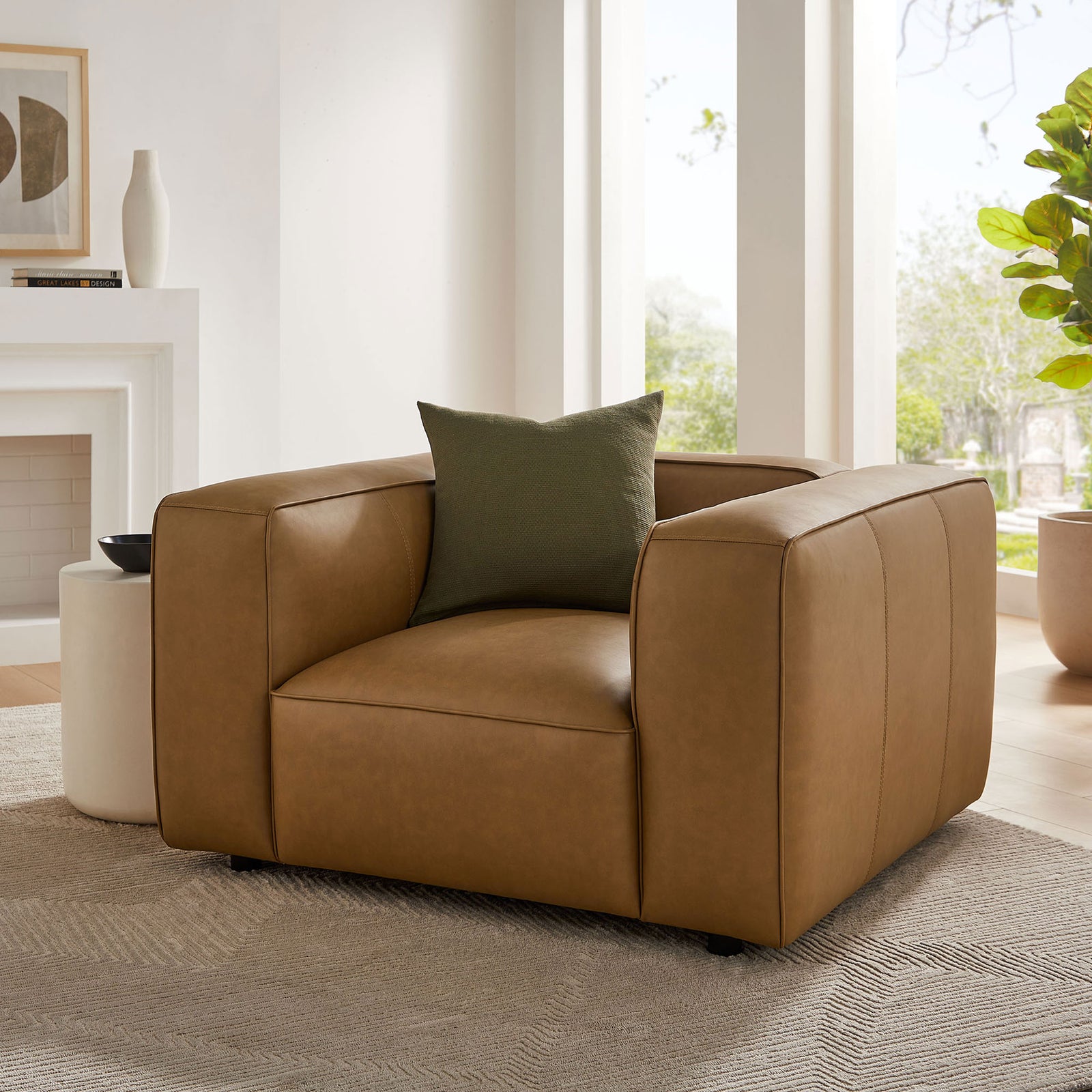 Camel vegan leather armchair brings plush comfort and modern lines to any space || EEI-7120-CAM || front_angle_room