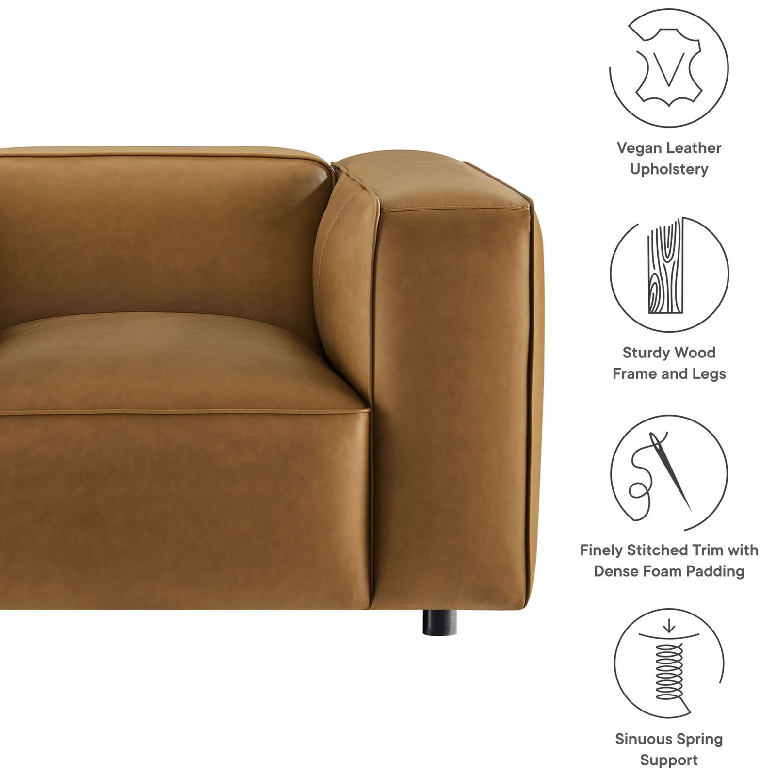 Vegan leather upholstery with sturdy wood frame, dense foam, and sinuous spring support || EEI-7120-CAM || callout_studio