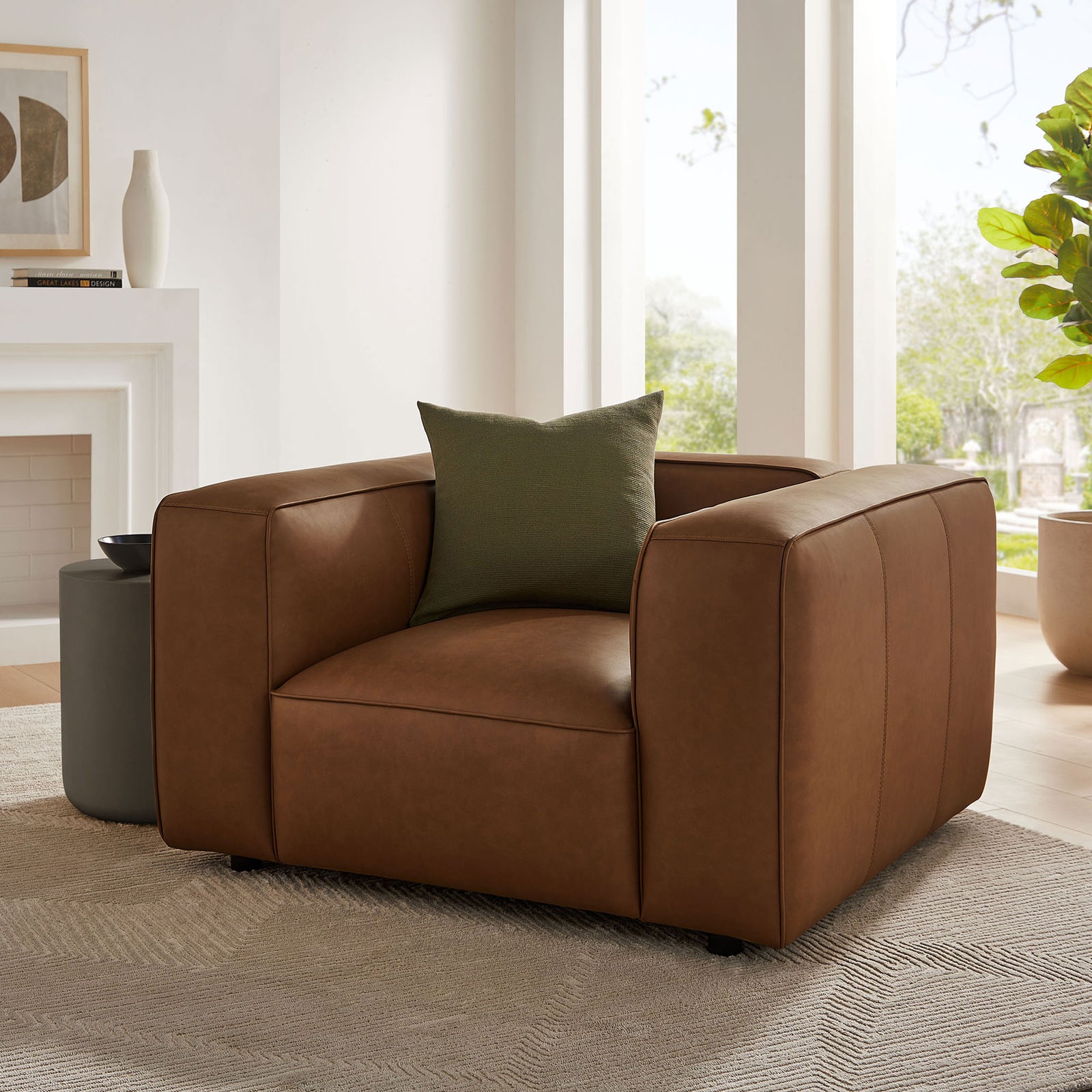 Inviting coffee vegan leather armchair pairs deep seating with wide arms for effortless lounging || EEI-7120-COF || front_angle_room