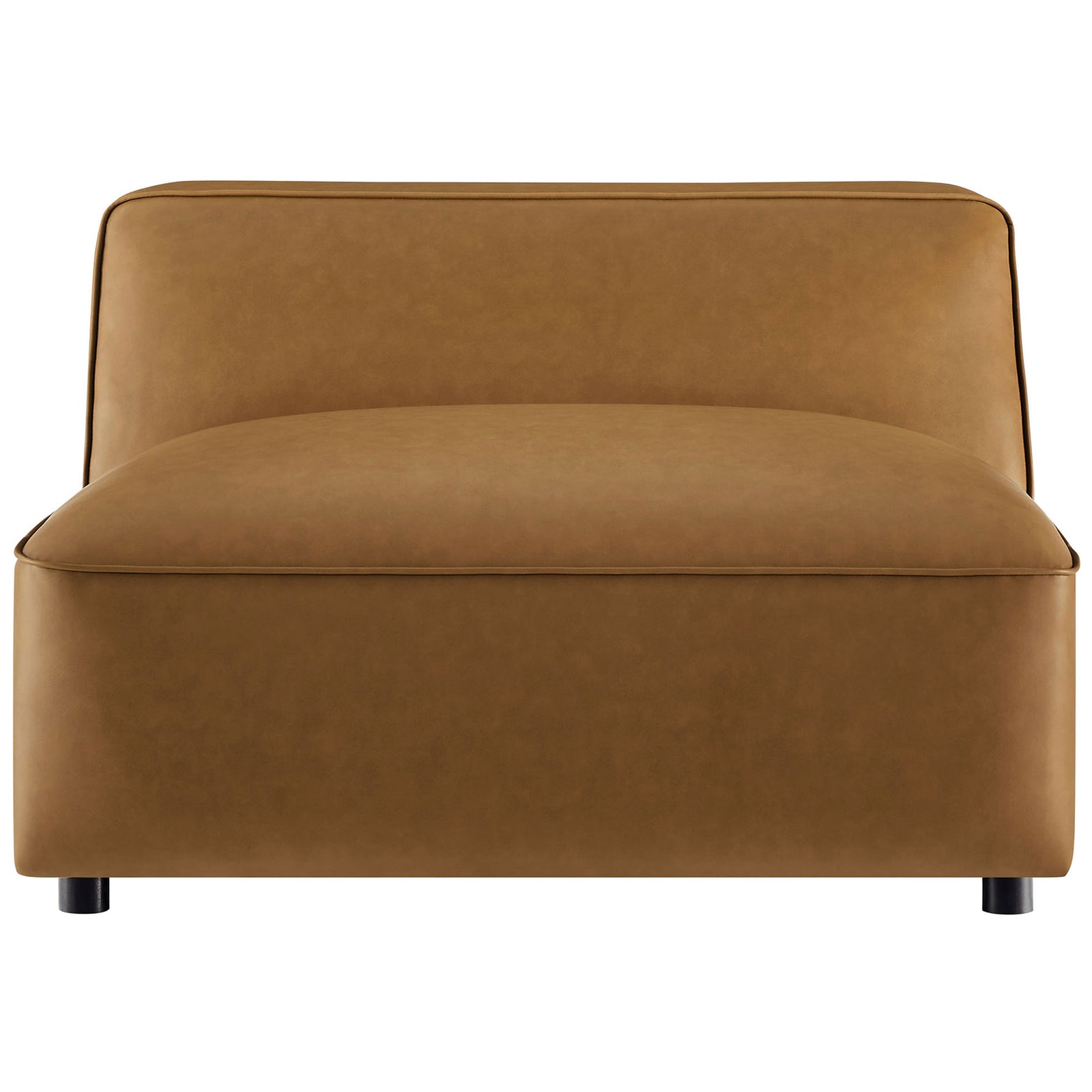 Camel vegan leather armless chair with deep seat and low back for modern, lounge-worthy comfort || EEI-7121-CAM || front_studio
