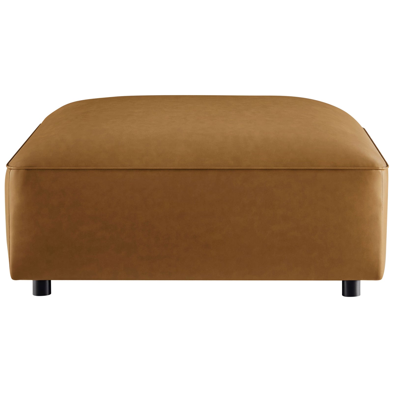 Front view of camel vegan leather ottoman with tailored seams and compact, low-profile base || EEI-7125-CAM || front_studio