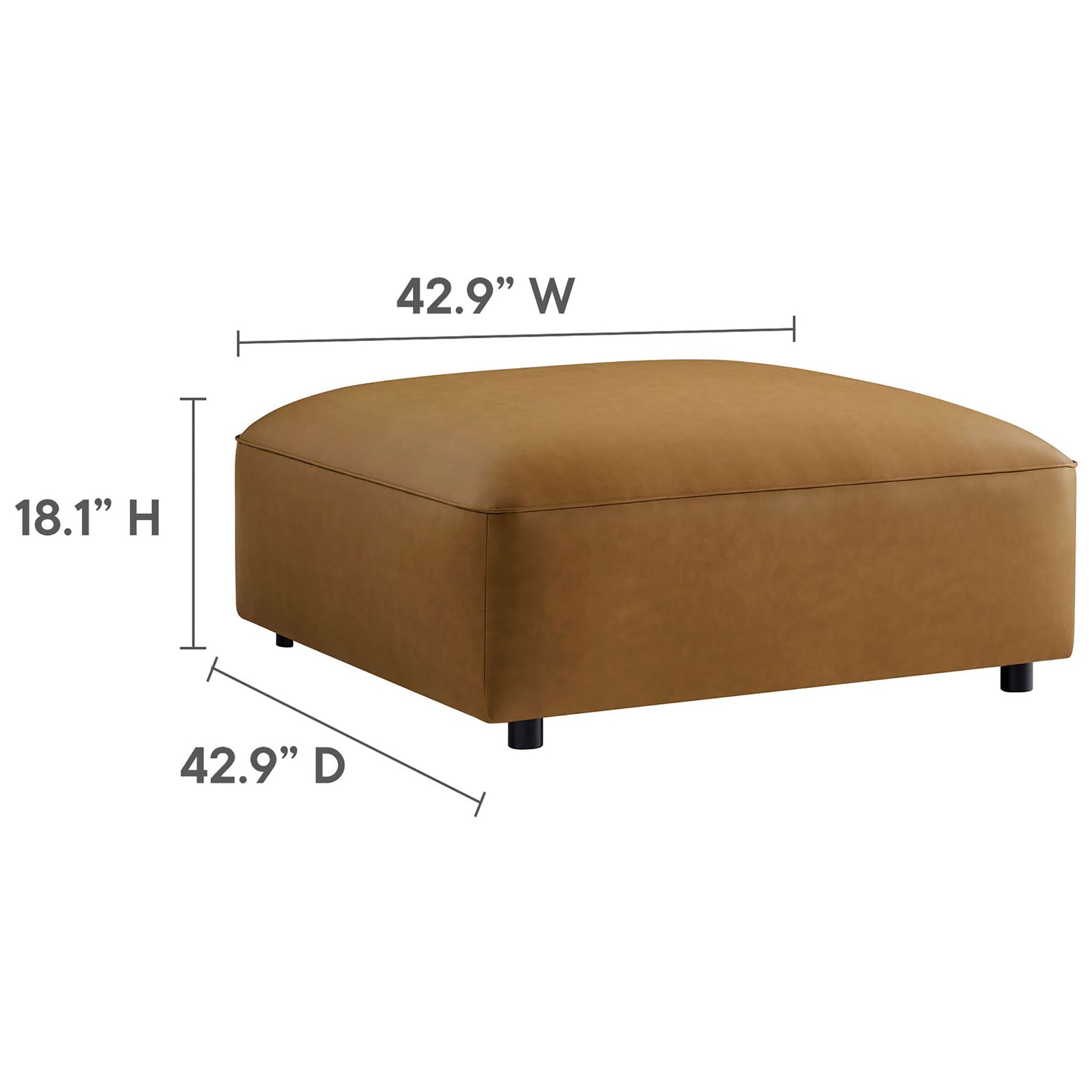 Studio view of camel vegan leather ottoman with labeled width, depth, and height dimensions || EEI-7125-CAM || dimension_studio